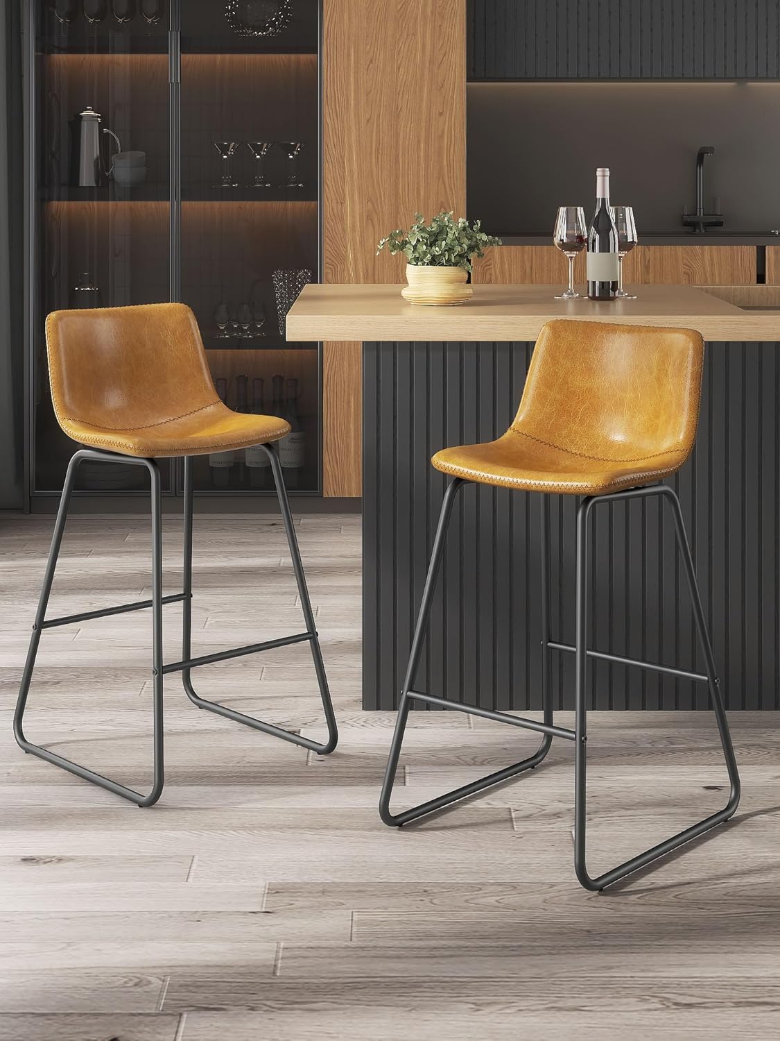 LainTene 26" Bar Stools Set of 3 – Faux Leather Counter Height Stools with Backrest & Footrest, Heavy-Duty Metal Frame for Kitchen, Bar, Living Room, Brown