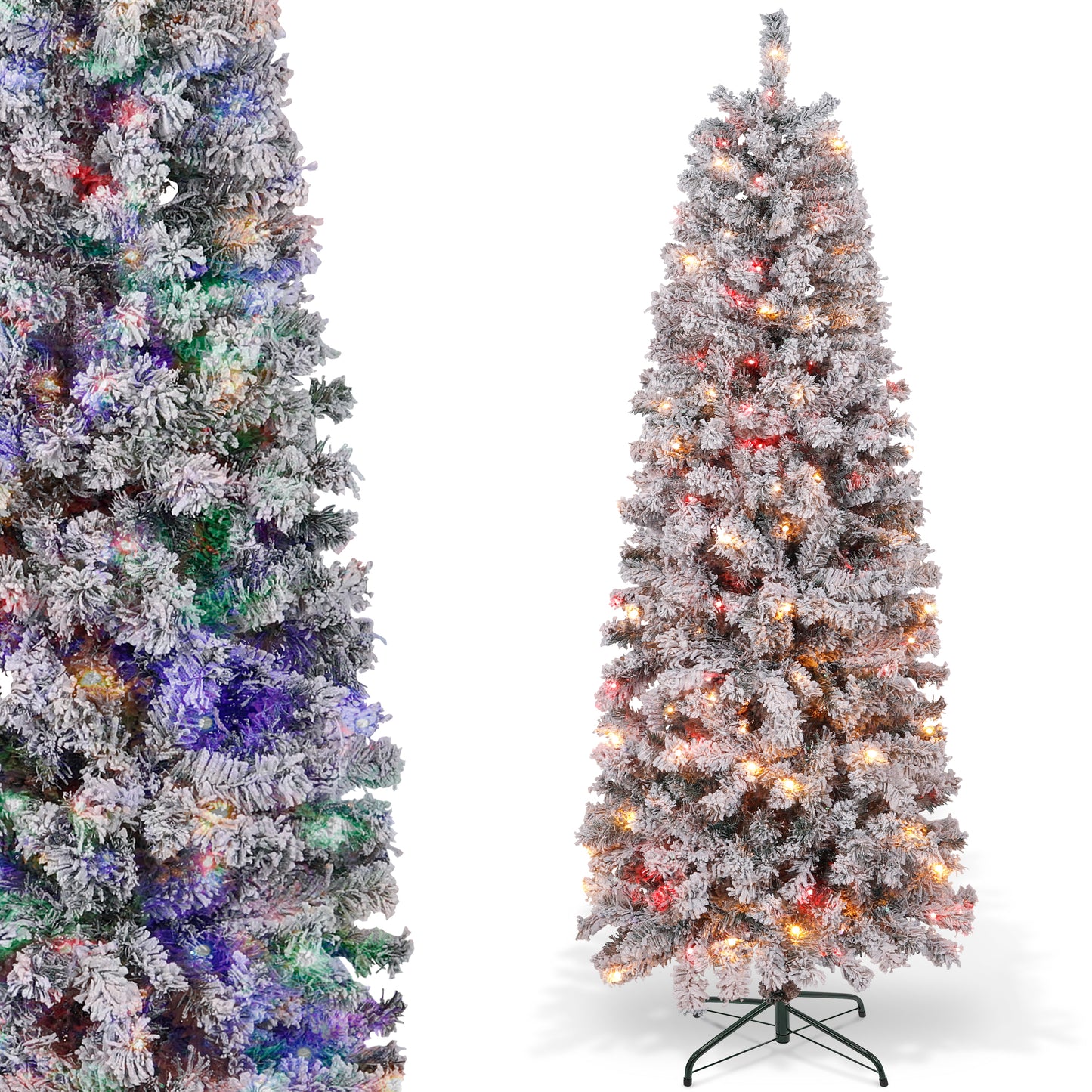 Laintene 6FT Pre-Lit Flocked Pencil Christmas Tree with 600 Tips & 200 Colored Lights, Slim Artificial Xmas Tree for Small Spaces, Metal Stand, White