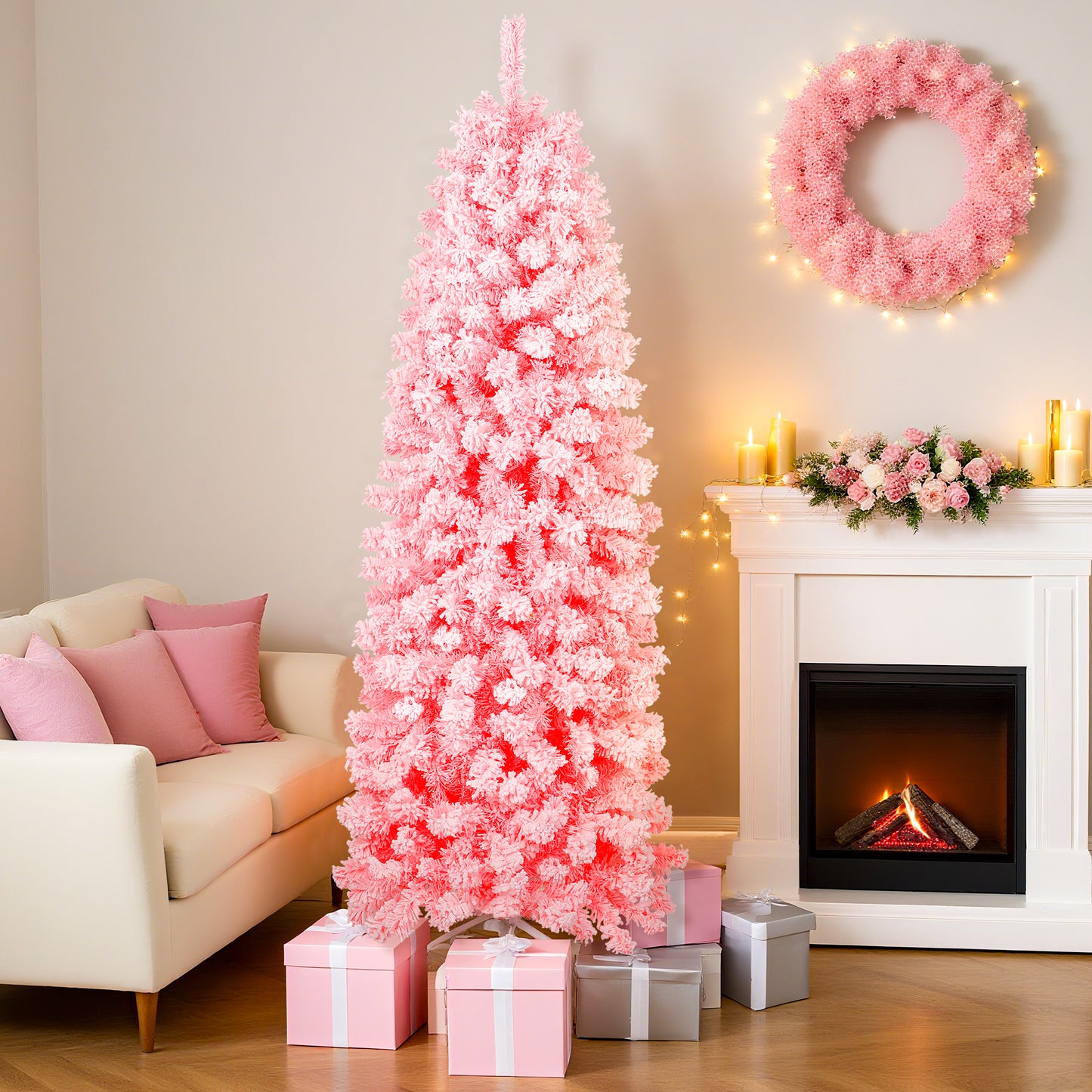 Laintene 6FT Pre-Lit Flocked Pencil Christmas Tree with 600 Tips & 200 Warm White LED Lights, Slim Artificial Xmas Tree for Small Spaces, Metal Stand, Pink