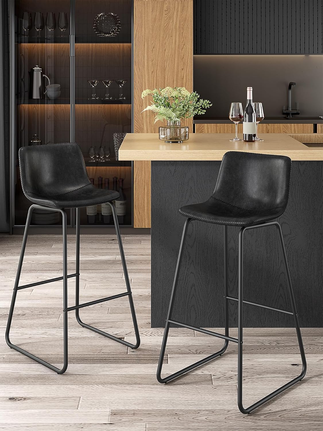 LainTene 30" Bar Stools Set of 3 – Faux Leather Counter Height Stools with Backrest & Footrest, Heavy-Duty Metal Frame for Kitchen, Bar, Living Room, Black
