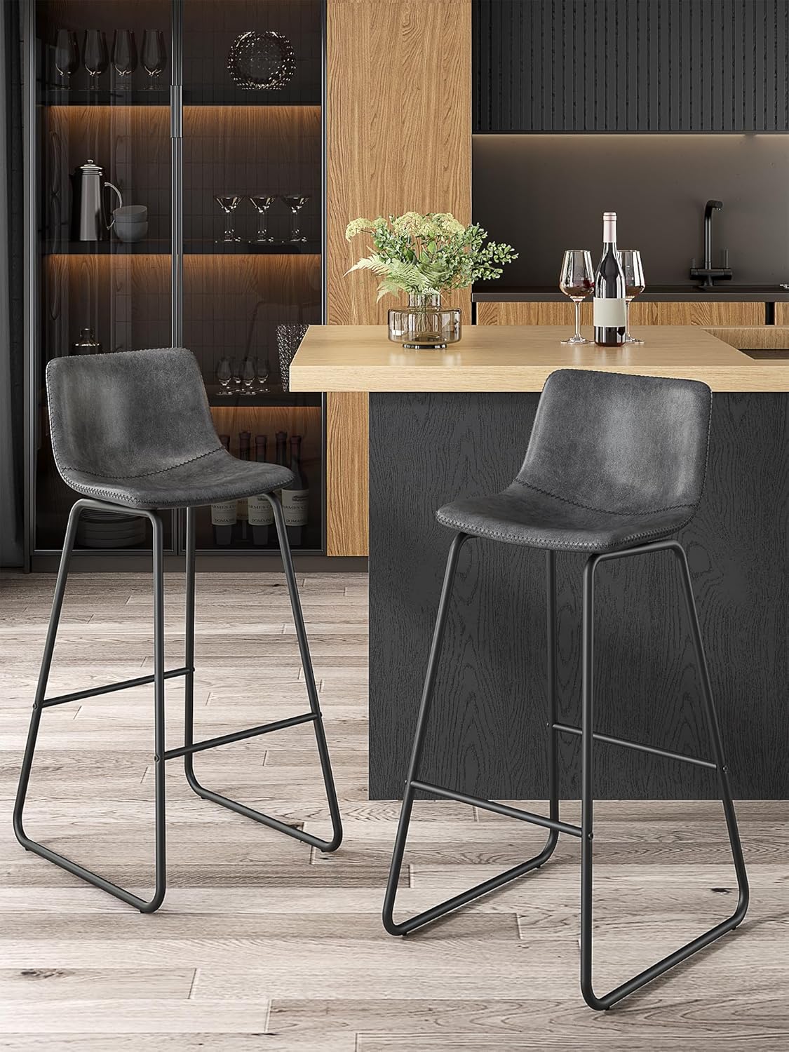 LainTene 30" Bar Stools Set of 3 – Faux Leather Counter Height Stools with Backrest & Footrest, Heavy-Duty Metal Frame for Kitchen, Bar, Living Room, Gray