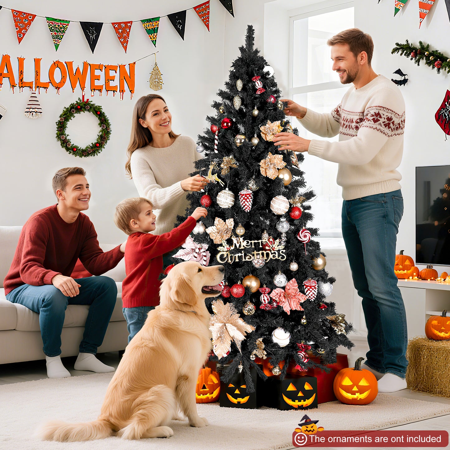 Laintene 6FT Artificial Christmas Tree with 800 Tips, Realistic Fir Xmas Tree for Indoor/Outdoor Decor, Sturdy Metal Stand, Black