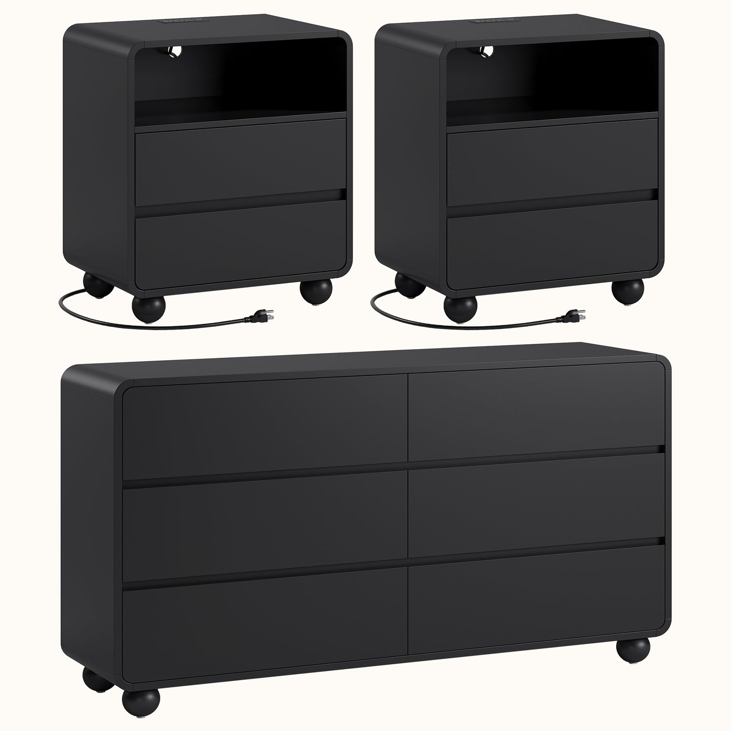 Laintene Bedroom Dresser and Nightstand 3 Piece Set - Includes Curved Double 6 Drawer Storage Dresser, Nightstand Set of 2 with Charging Station, Modern Bedroom Set, Black