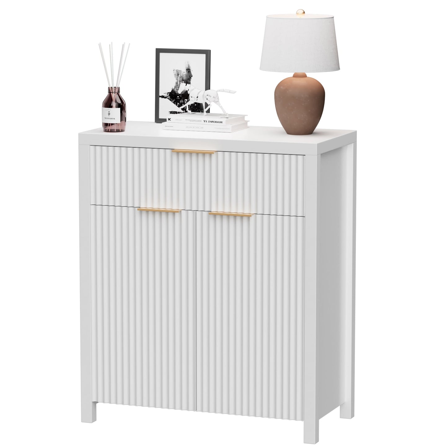 Laintene Sideboard Storage Cabinet Set of 2, Fluted Buffet Cabinet with Adjustable Shelf and Drawer for Dining Living Room, Entryway, White