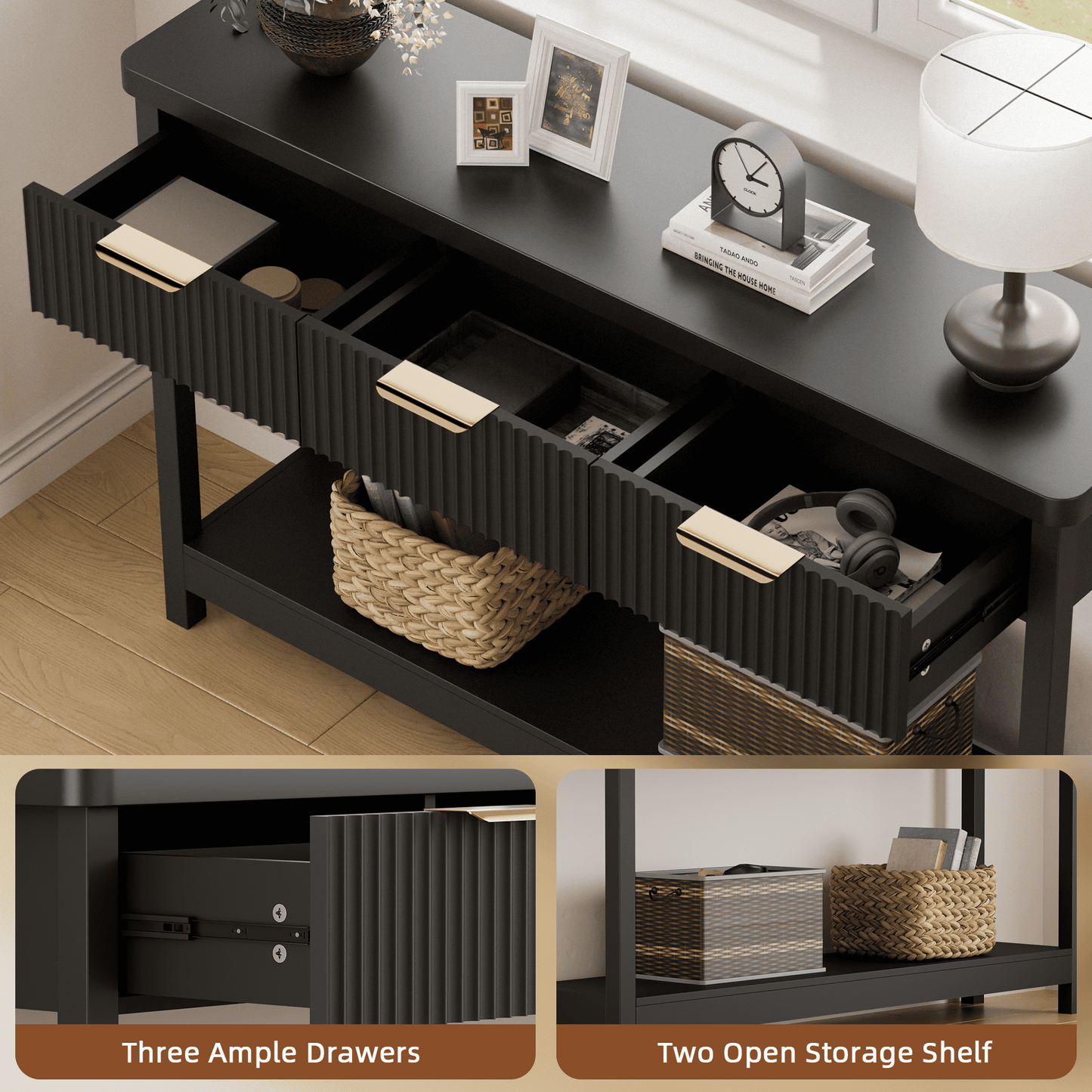 Laintene Fluted Console Table, 51" Narrow Entryway Table with 3 Drawers, Console Table Sofa Table with Storage Open Shelf, Modern Display Shelf for Hallway Living Room, Black