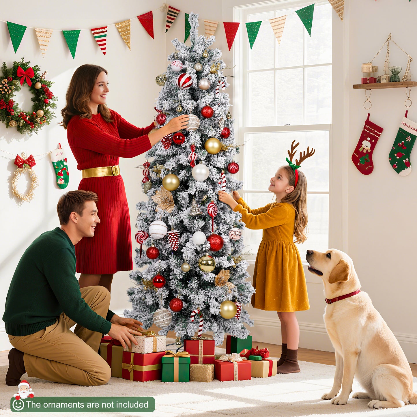 Laintene 6FT Pre-Lit Flocked Pencil Christmas Tree with 600 Tips & 200 Colored Lights, Slim Artificial Xmas Tree for Small Spaces, Metal Stand, White
