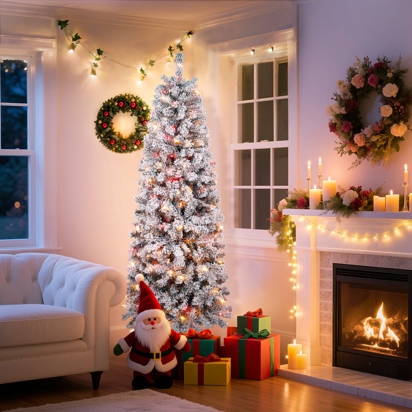 Laintene 6FT Pre-Lit Flocked Pencil Christmas Tree with 600 Tips & 200 Colored Lights, Slim Artificial Xmas Tree for Small Spaces, Metal Stand, White