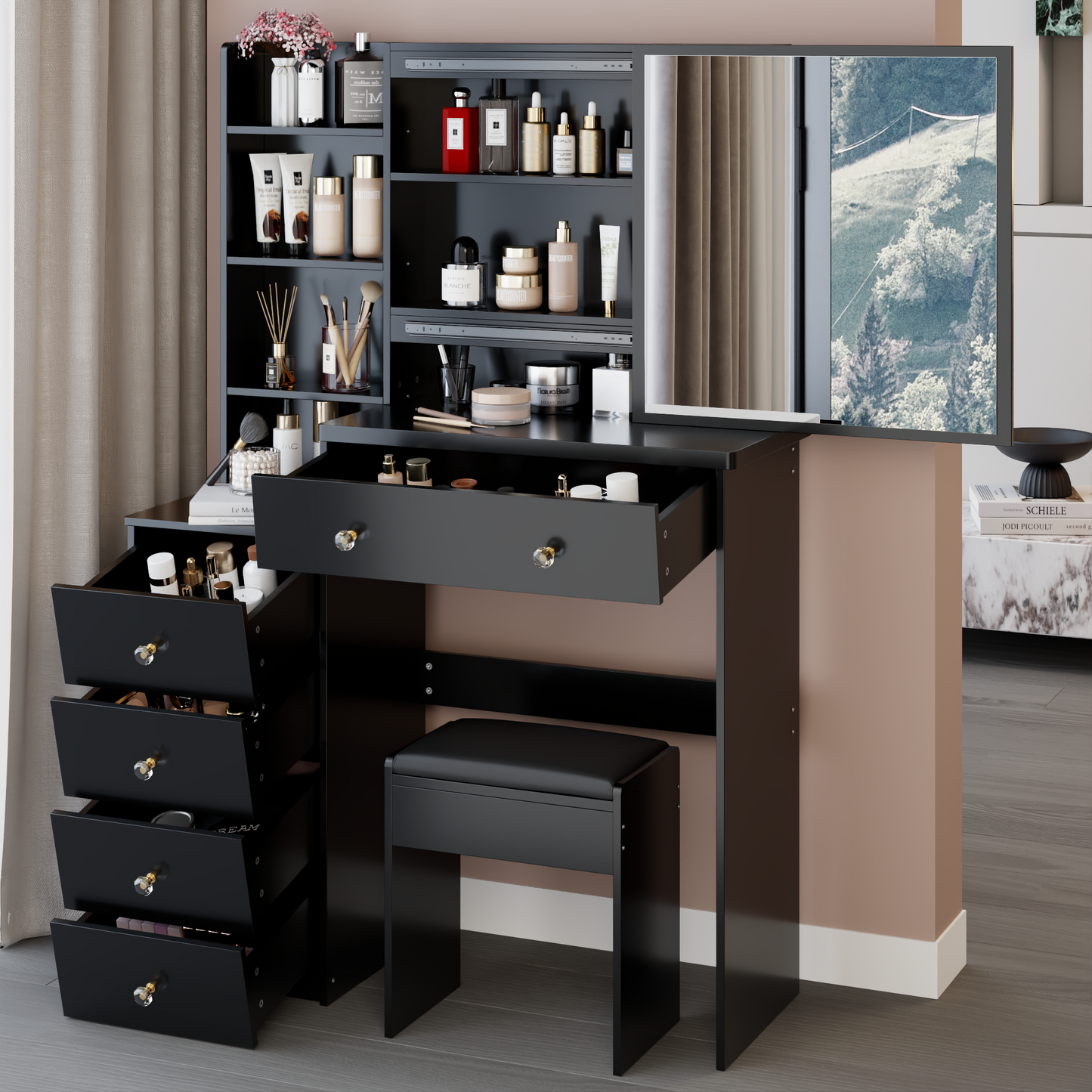 LainTene 37" Dressing Table Set with Sliding Mirror & Stool, Rustic Vanity Desk for Bedroom, Spacious Storage Drawers and Glass Top