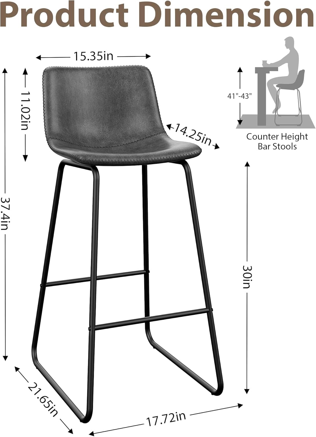LainTene 30" Bar Stools Set of 3 – Faux Leather Counter Height Stools with Backrest & Footrest, Heavy-Duty Metal Frame for Kitchen, Bar, Living Room, Gray