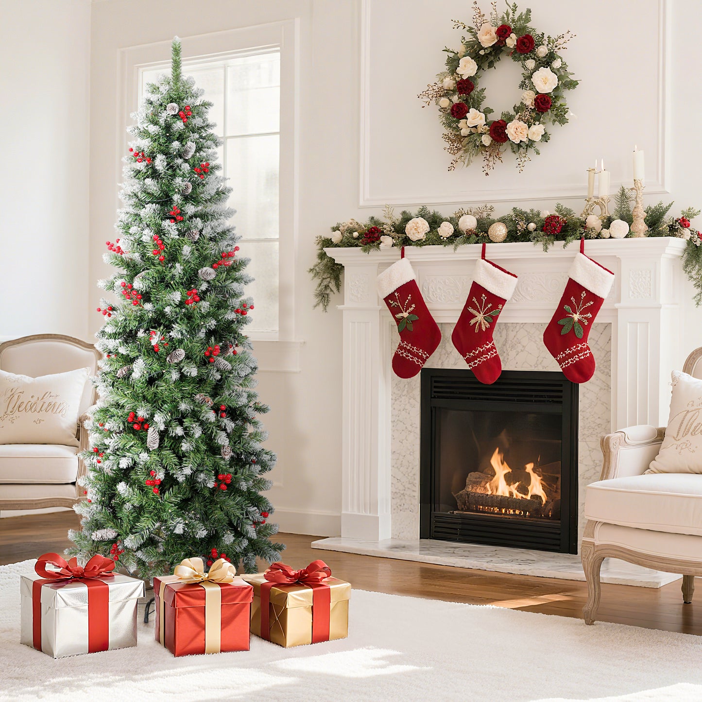 Laintene 6FT Pre-Lit Slim Pencil Christmas Tree | 200 Warm White LED Lights, 600 Tips, 40 Pine Cones & 280 Red Berries, Hinged Design for Small Spaces