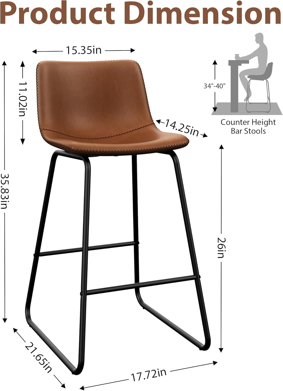 LainTene 26" Bar Stools Set of 3 – Faux Leather Counter Height Stools with Backrest & Footrest, Heavy-Duty Metal Frame for Kitchen, Bar, Living Room, Dark Brown