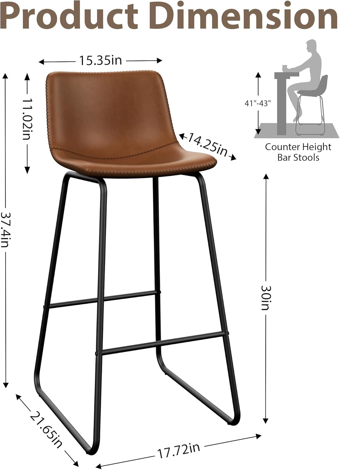 LainTene 30" Bar Stools Set of 3 – Faux Leather Counter Height Stools with Backrest & Footrest, Heavy-Duty Metal Frame for Kitchen, Bar, Living Room, Dark Brown