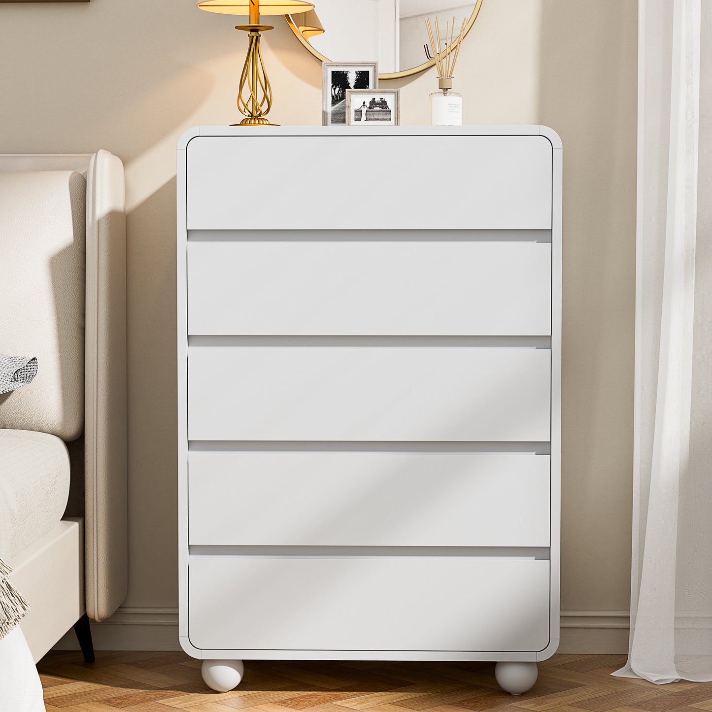 Laintene Modern 5 Drawers Dresser for Bedroom, 53" Wide Wood Dressers & Chests of Drawers w/Curved Profile Design, Mid Century Modern Dresser w/Natural Texture for Bedroom, Living Room,White Oak