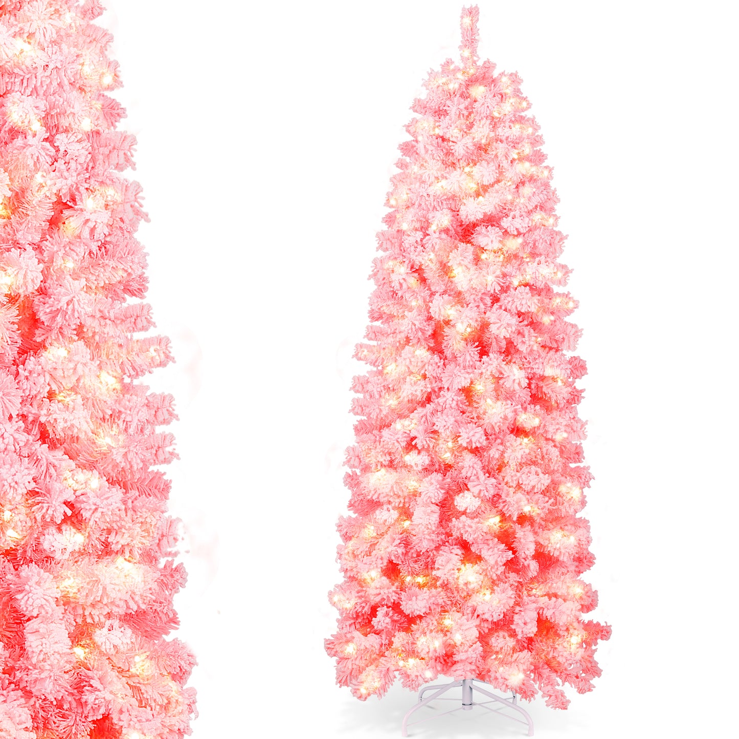 Laintene 6FT Pre-Lit Flocked Pencil Christmas Tree with 600 Tips & 200 Warm White LED Lights, Slim Artificial Xmas Tree for Small Spaces, Metal Stand, Pink