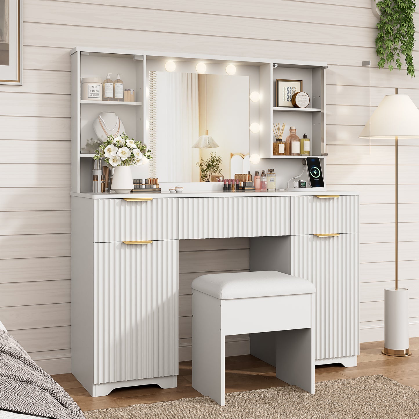 LainTene Vanity Set with Stool, Makeup Vanity Table with Lights and Mirror, Vanity Desk with 3 Drawers & 2 Large Storage Cabinets and Charging Station for Bedroom