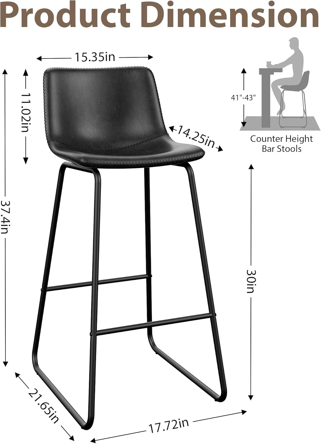 LainTene 30" Bar Stools Set of 2 – Faux Leather Counter Height Stools with Backrest & Footrest, Heavy-Duty Metal Frame for Kitchen, Bar, Living Room, Black
