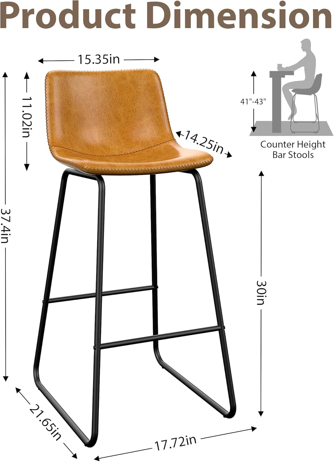 LainTene 30" Bar Stools Set of 3 – Faux Leather Counter Height Stools with Backrest & Footrest, Heavy-Duty Metal Frame for Kitchen, Bar, Living Room, Brown