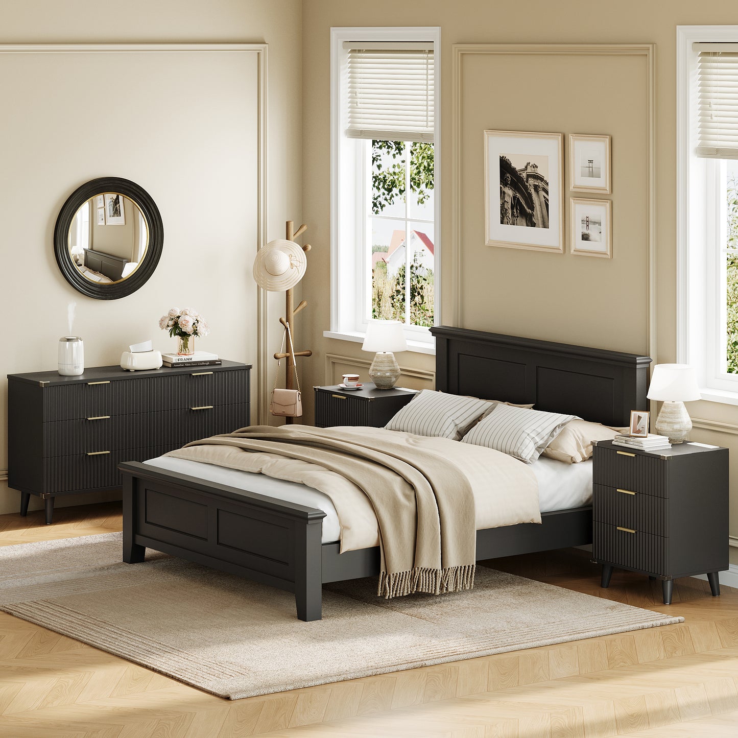 Laintene 3-Piece Boho Bedroom Set - 6-Drawer Dresser & 2 Nightstands with 3 Drawers & USB Charging, Fluted Wooden Storage, Modern Dresser & Nightstand Combo, Black