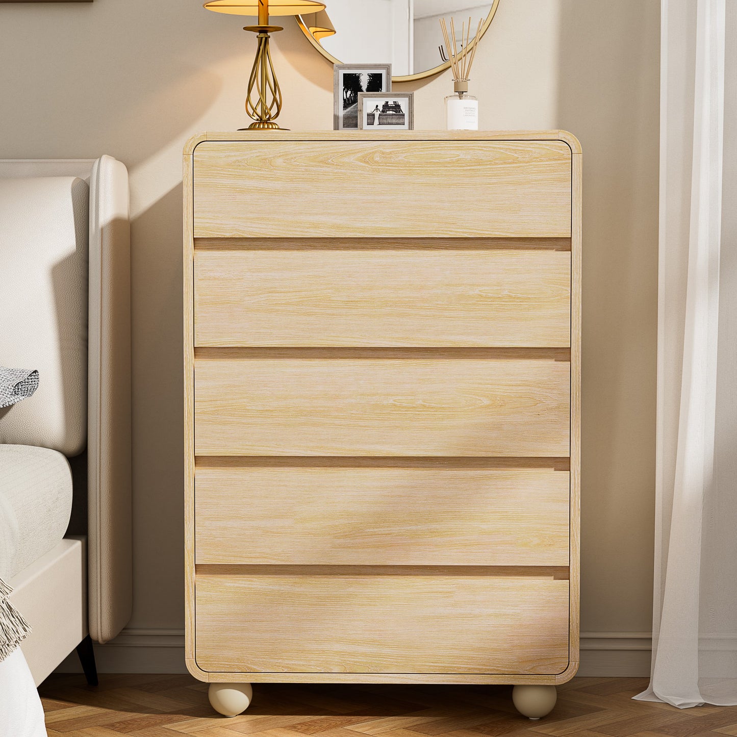 Laintene Modern 5 Drawers Dresser for Bedroom, 53" Wide Wood Dressers & Chests of Drawers w/Curved Profile Design, Mid Century Modern Dresser w/Natural Texture for Bedroom, Living Room, Natural Oak