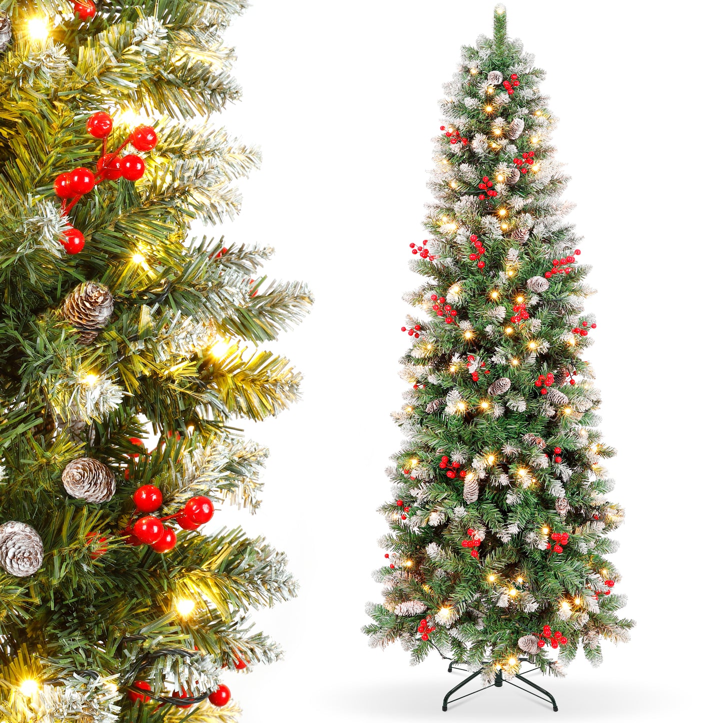 Laintene 6FT Pre-Lit Slim Pencil Christmas Tree | 200 Warm White LED Lights, 600 Tips, 40 Pine Cones & 280 Red Berries, Hinged Design for Small Spaces