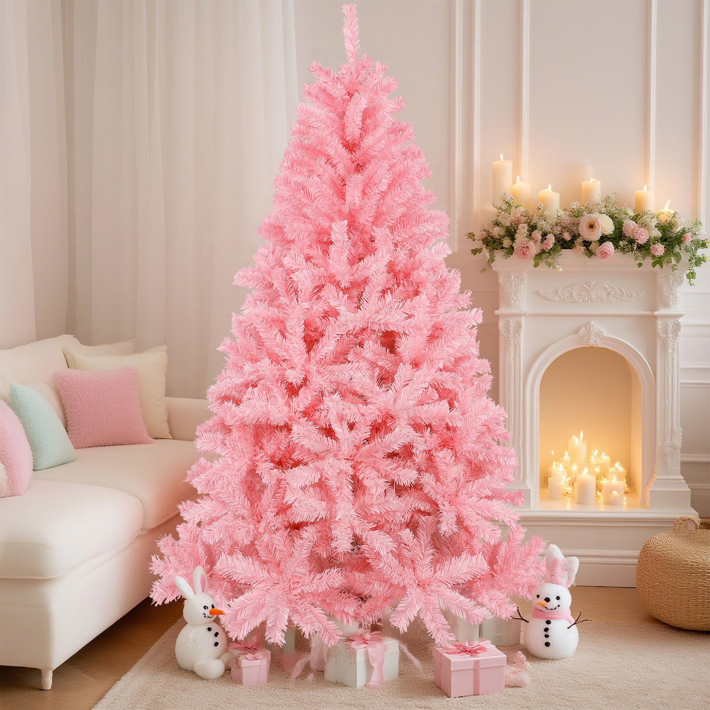 Laintene 6FT Artificial Christmas Tree with 800 Tips, Realistic Fir Xmas Tree for Indoor/Outdoor Decor, Sturdy Metal Stand, Pink