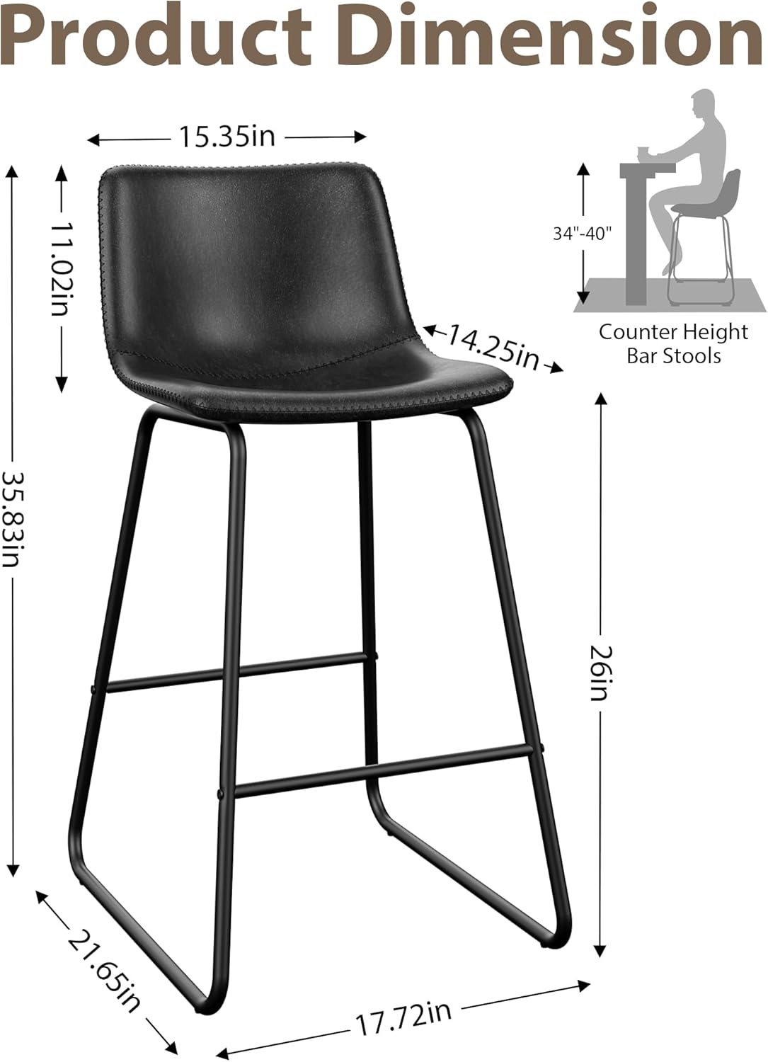 LainTene 26" Bar Stools Set of 3 – Faux Leather Counter Height Stools with Backrest & Footrest, Heavy-Duty Metal Frame for Kitchen, Bar, Living Room, Black
