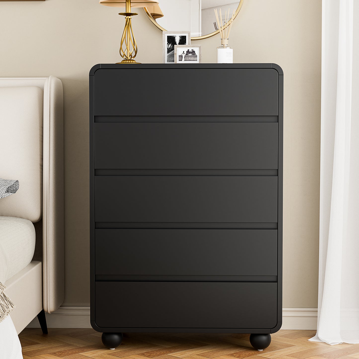 Laintene Modern 5 Drawers Dresser for Bedroom, 53" Wide Wood Dressers & Chests of Drawers w/Curved Profile Design, Mid Century Modern Dresser w/Natural Texture for Bedroom, Living Room, Black Oak