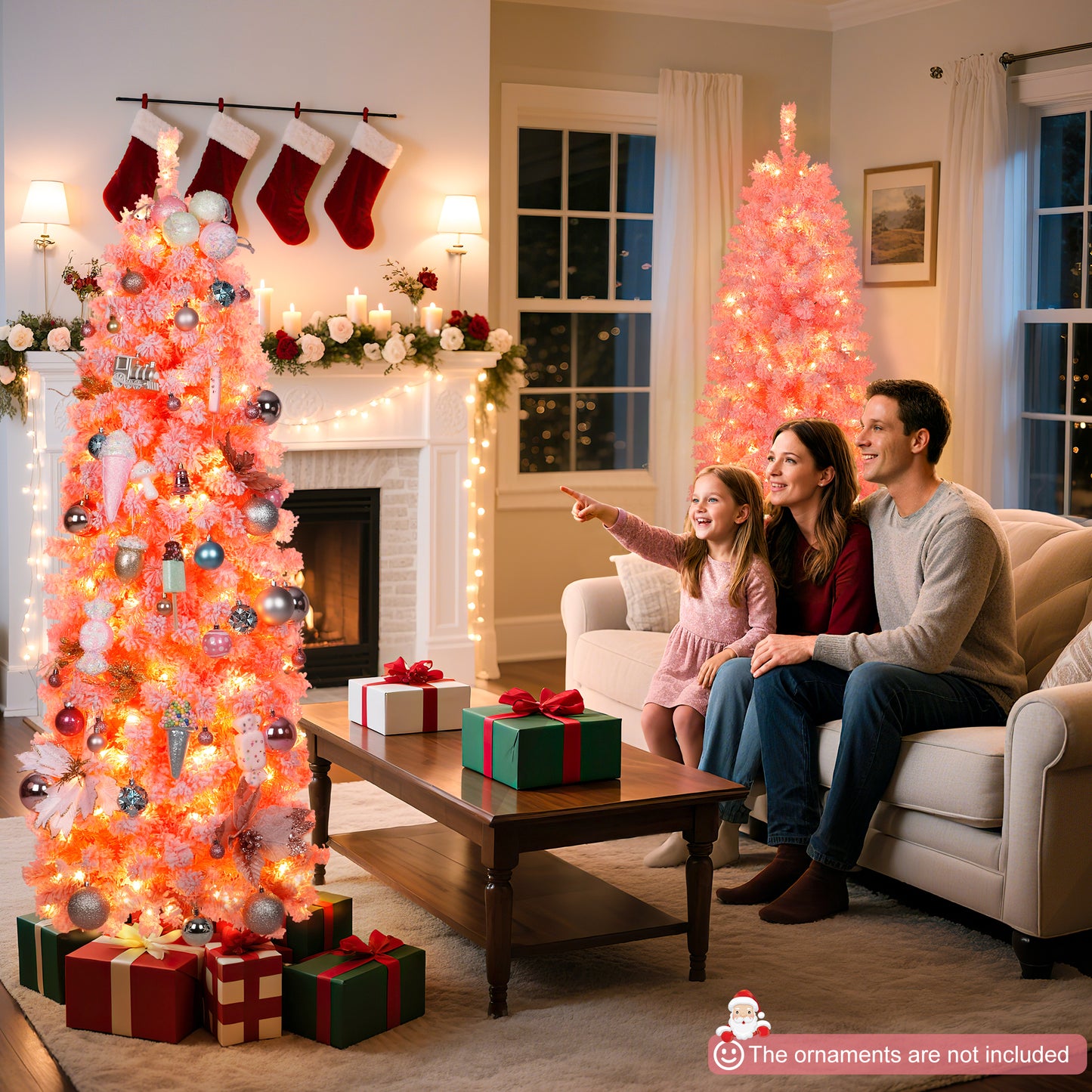 Laintene 6FT Pre-Lit Flocked Pencil Christmas Tree with 600 Tips & 200 Warm White LED Lights, Slim Artificial Xmas Tree for Small Spaces, Metal Stand, Pink