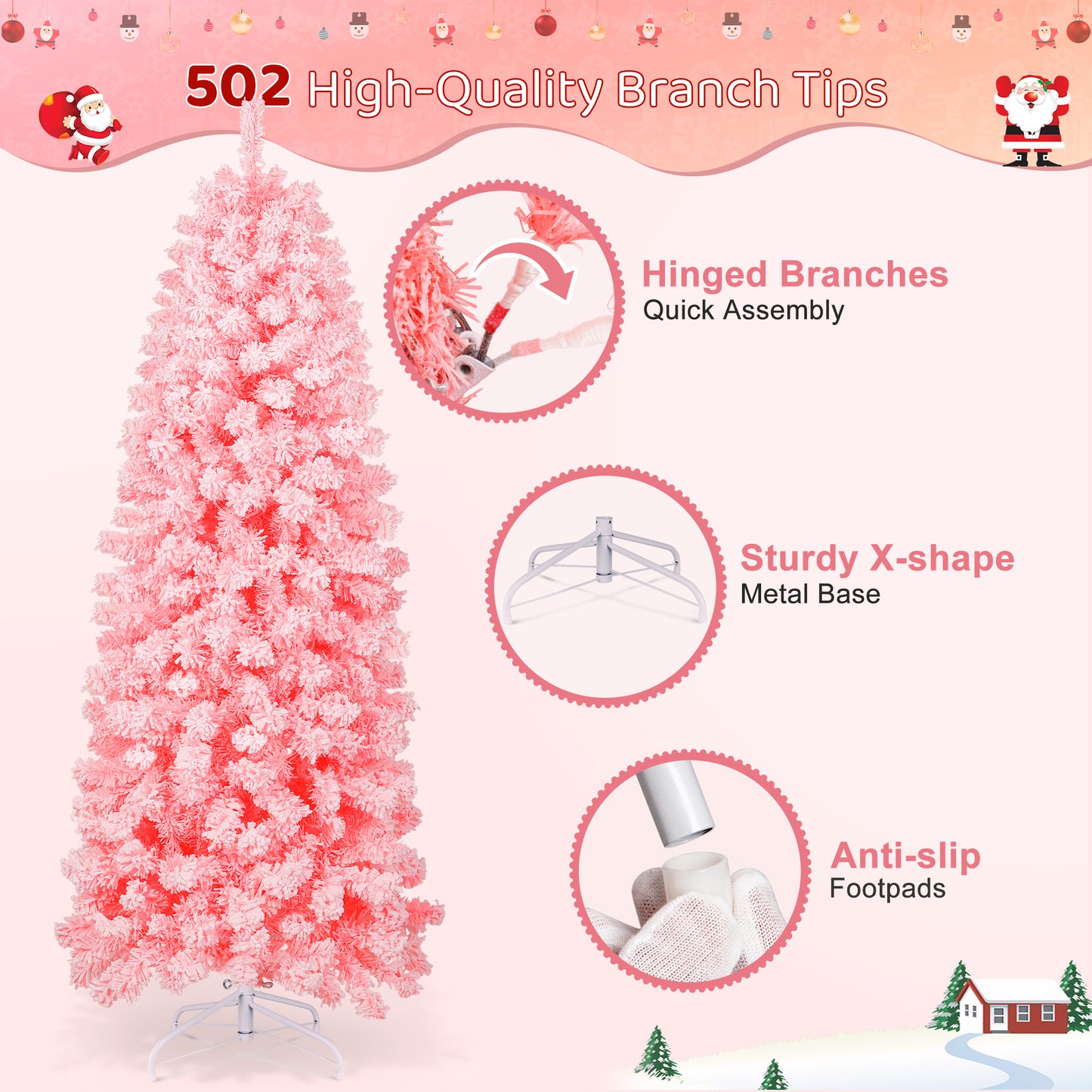 Laintene 6FT Pre-Lit Flocked Pencil Christmas Tree with 600 Tips & 200 Warm White LED Lights, Slim Artificial Xmas Tree for Small Spaces, Metal Stand, Pink