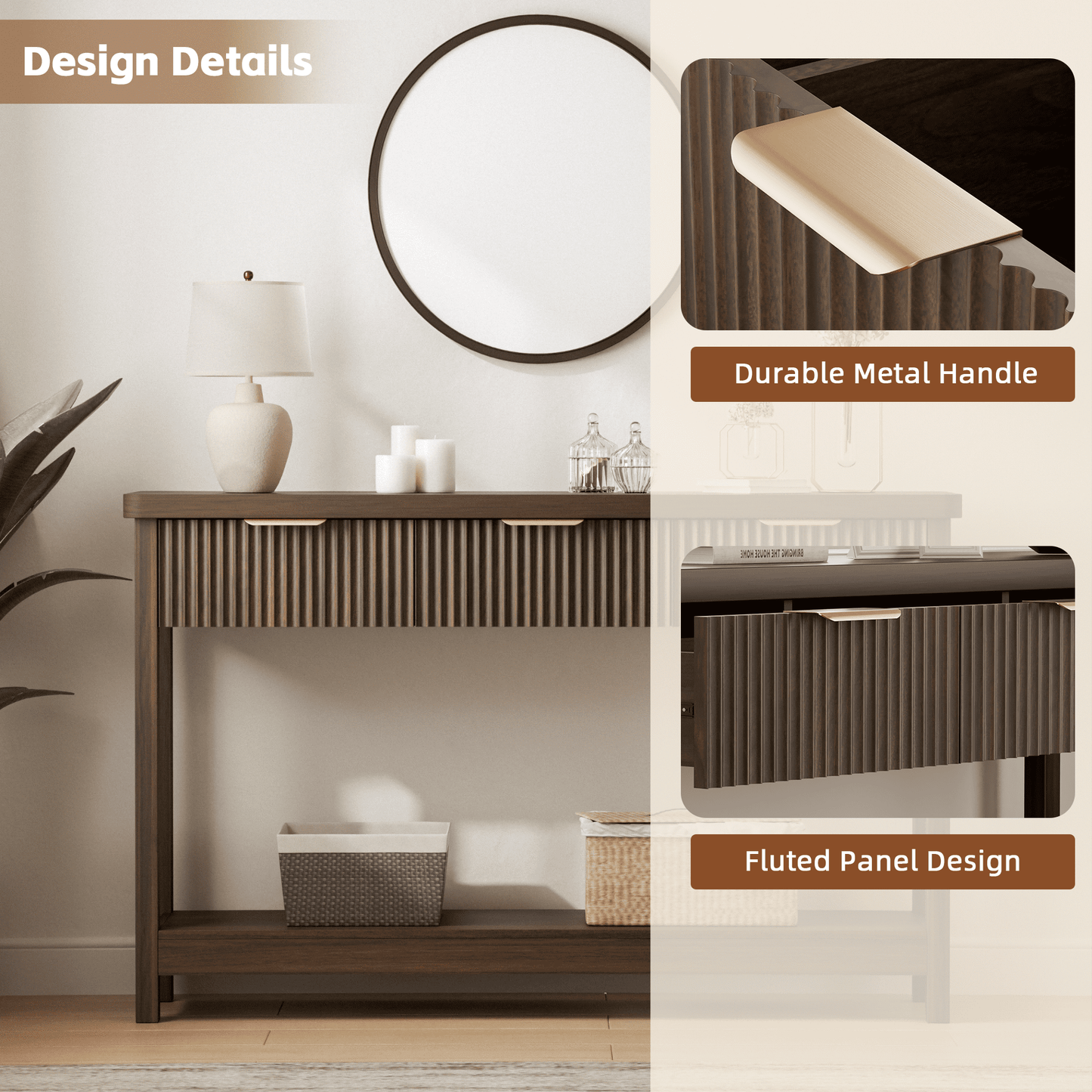 Laintene Fluted Console Table, 51" Narrow Entryway Table with 3 Drawers, Console Table Sofa Table with Storage Open Shelf, Modern Display Shelf for Hallway Living Room, Walnut