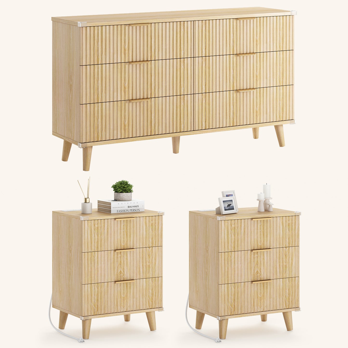 Laintene 3-Piece Boho Bedroom Set - 6-Drawer Dresser & 2 Nightstands with 3 Drawers & USB Charging, Fluted Wooden Storage, Modern Dresser & Nightstand Combo, Natural