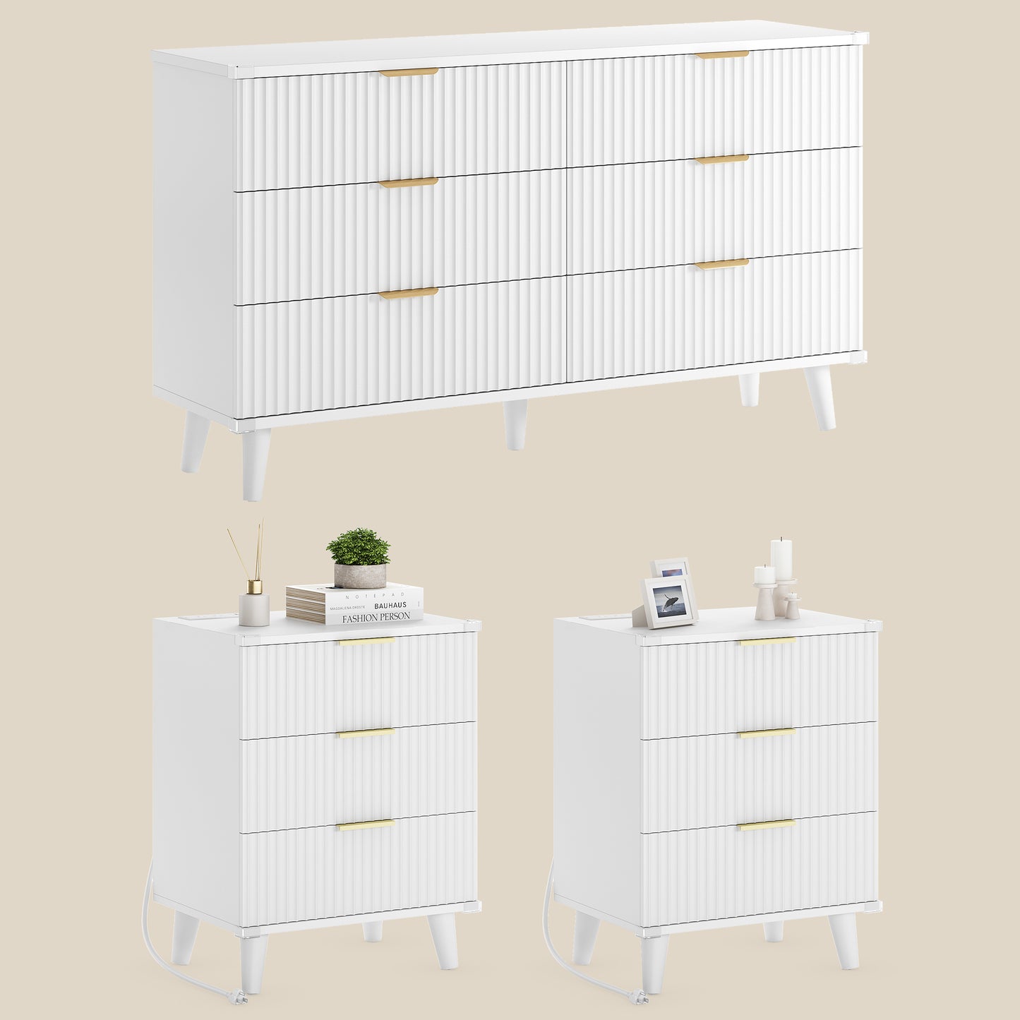 Laintene 3-Piece Boho Bedroom Set - 6-Drawer Dresser & 2 Nightstands with 3 Drawers & USB Charging, Fluted Wooden Storage, Modern Dresser & Nightstand Combo, White