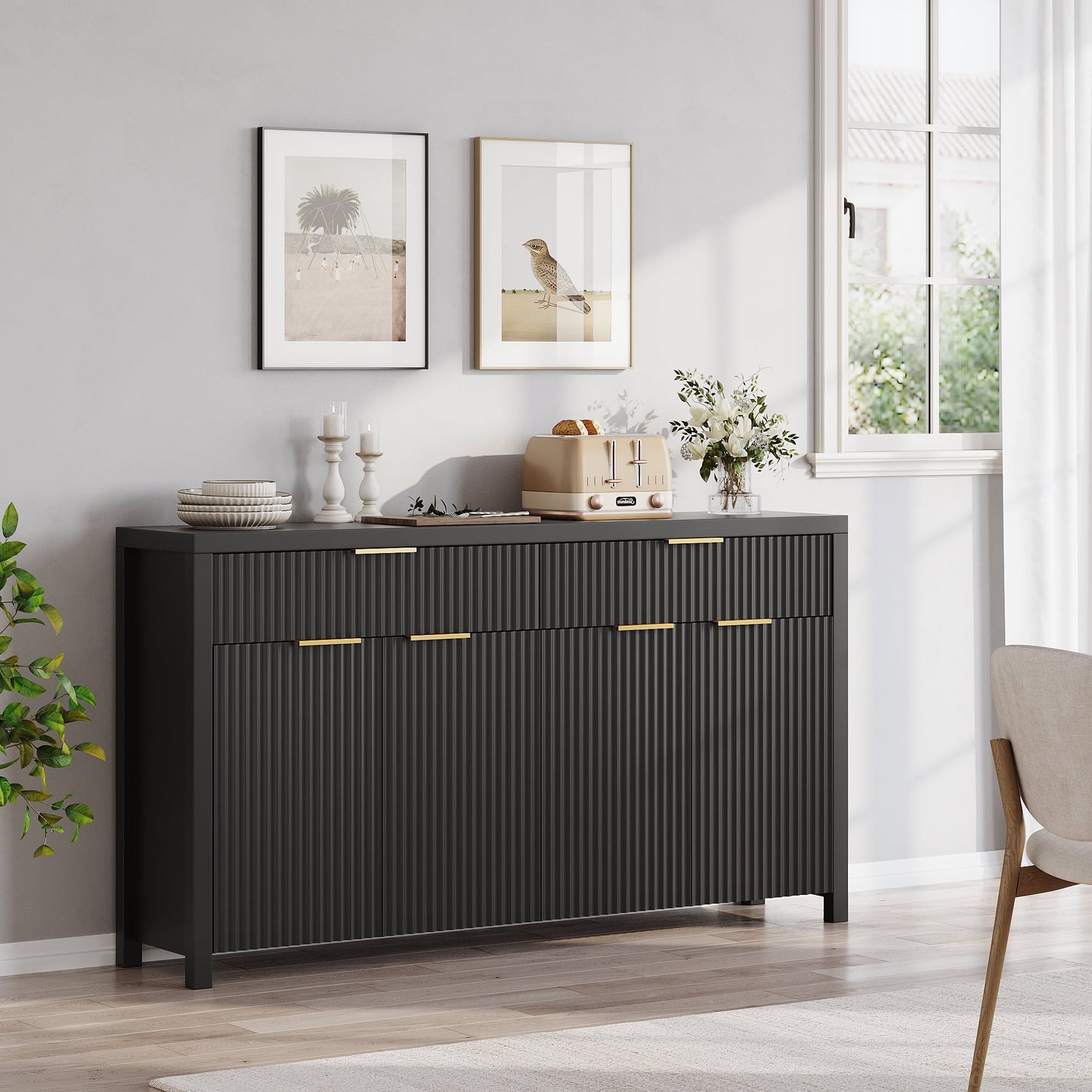 Laintene Fluted Sideboard, Storage Buffet Cabinet with Drawers, 55" TV Cabinet for Living Room with Adjustable Shelves, Wooden Accent Cabinet, Black Set of 2