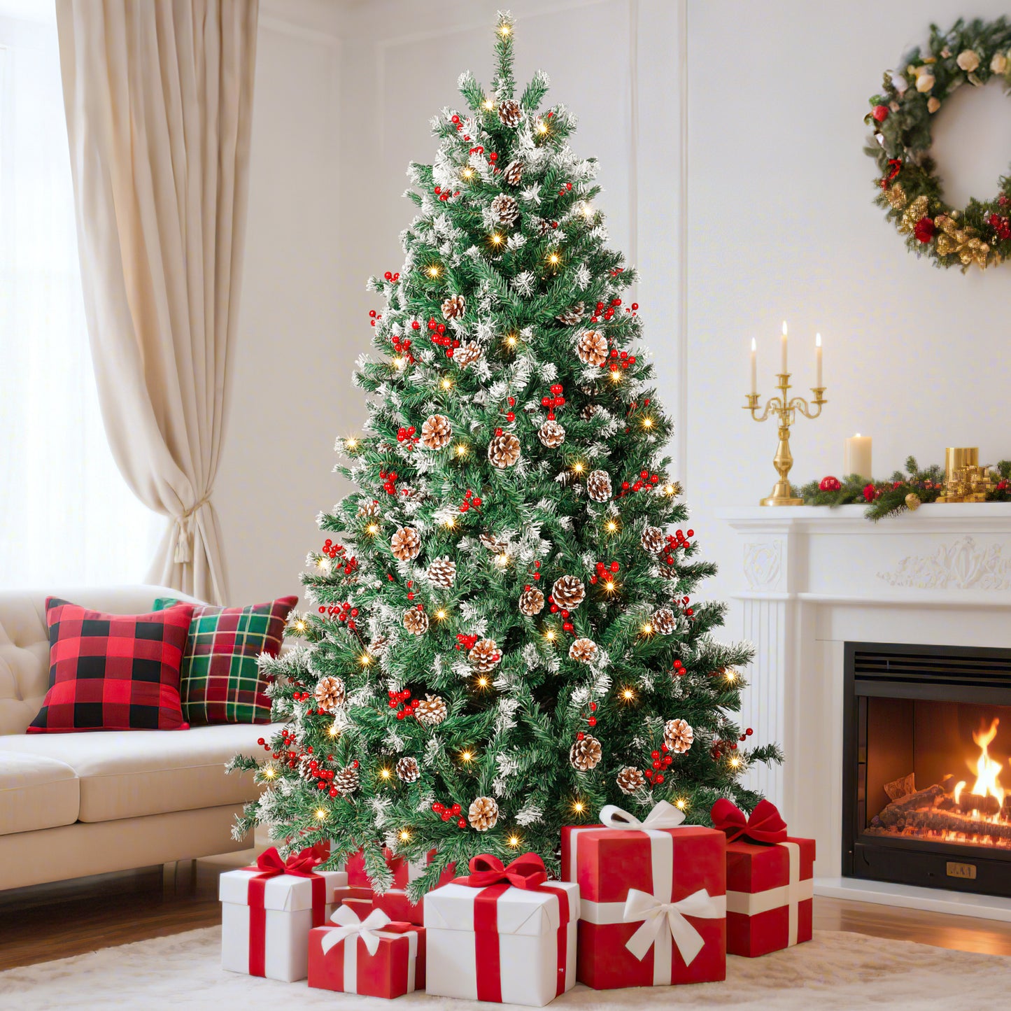Laintene 6ft Pre-Lit & Pre-Decorated Christmas Tree | 250 Warm White LED Lights, 800 Realistic Tips, 108 Natural Decorations (Pine Cones & Berries), Hinged Design for Home/Office