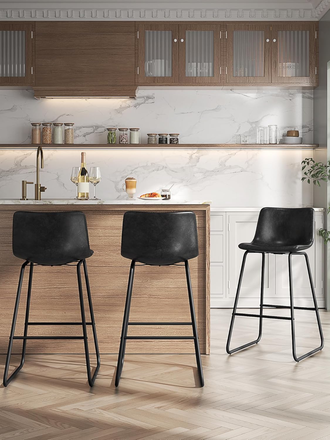 LainTene 26" Bar Stools Set of 3 – Faux Leather Counter Height Stools with Backrest & Footrest, Heavy-Duty Metal Frame for Kitchen, Bar, Living Room, Black