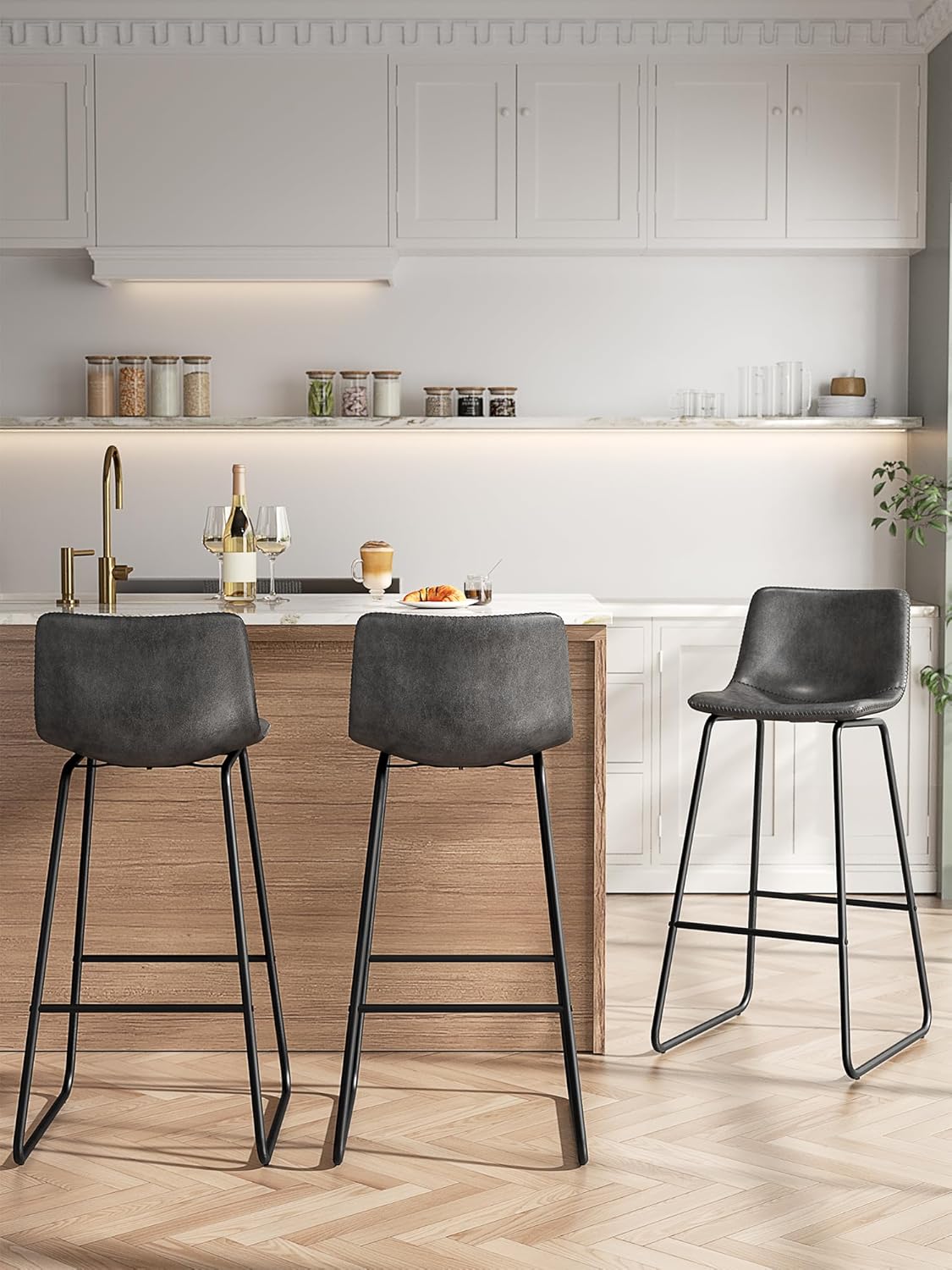 LainTene 30" Bar Stools Set of 3 – Faux Leather Counter Height Stools with Backrest & Footrest, Heavy-Duty Metal Frame for Kitchen, Bar, Living Room, Gray