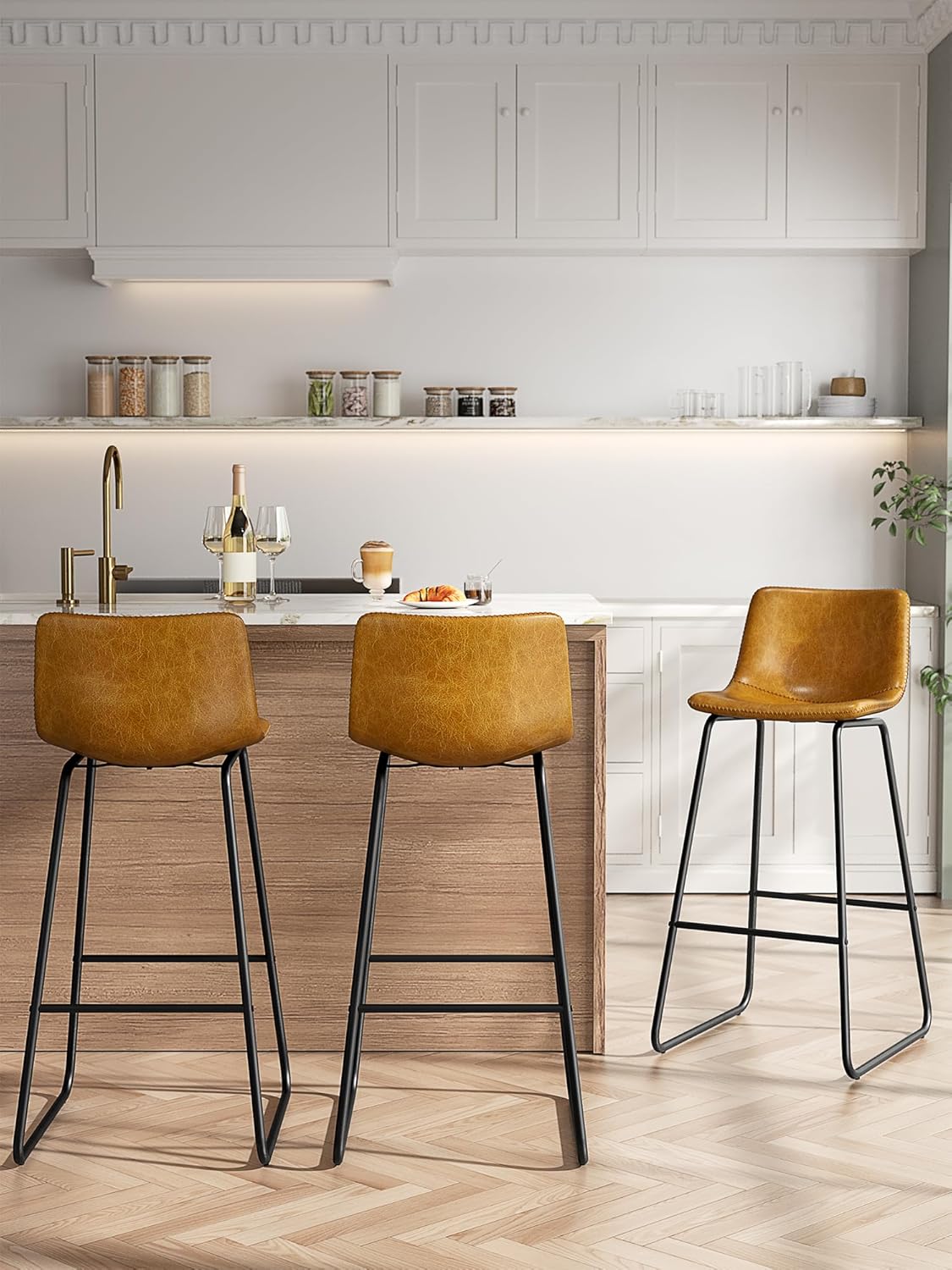 LainTene 30" Bar Stools Set of 2 – Faux Leather Counter Height Stools with Backrest & Footrest, Heavy-Duty Metal Frame for Kitchen, Bar, Living Room, Brown