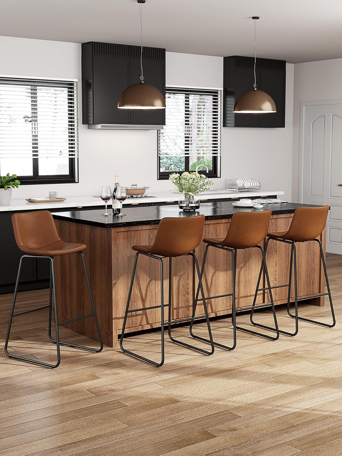 LainTene 30" Bar Stools Set of 3 – Faux Leather Counter Height Stools with Backrest & Footrest, Heavy-Duty Metal Frame for Kitchen, Bar, Living Room, Dark Brown