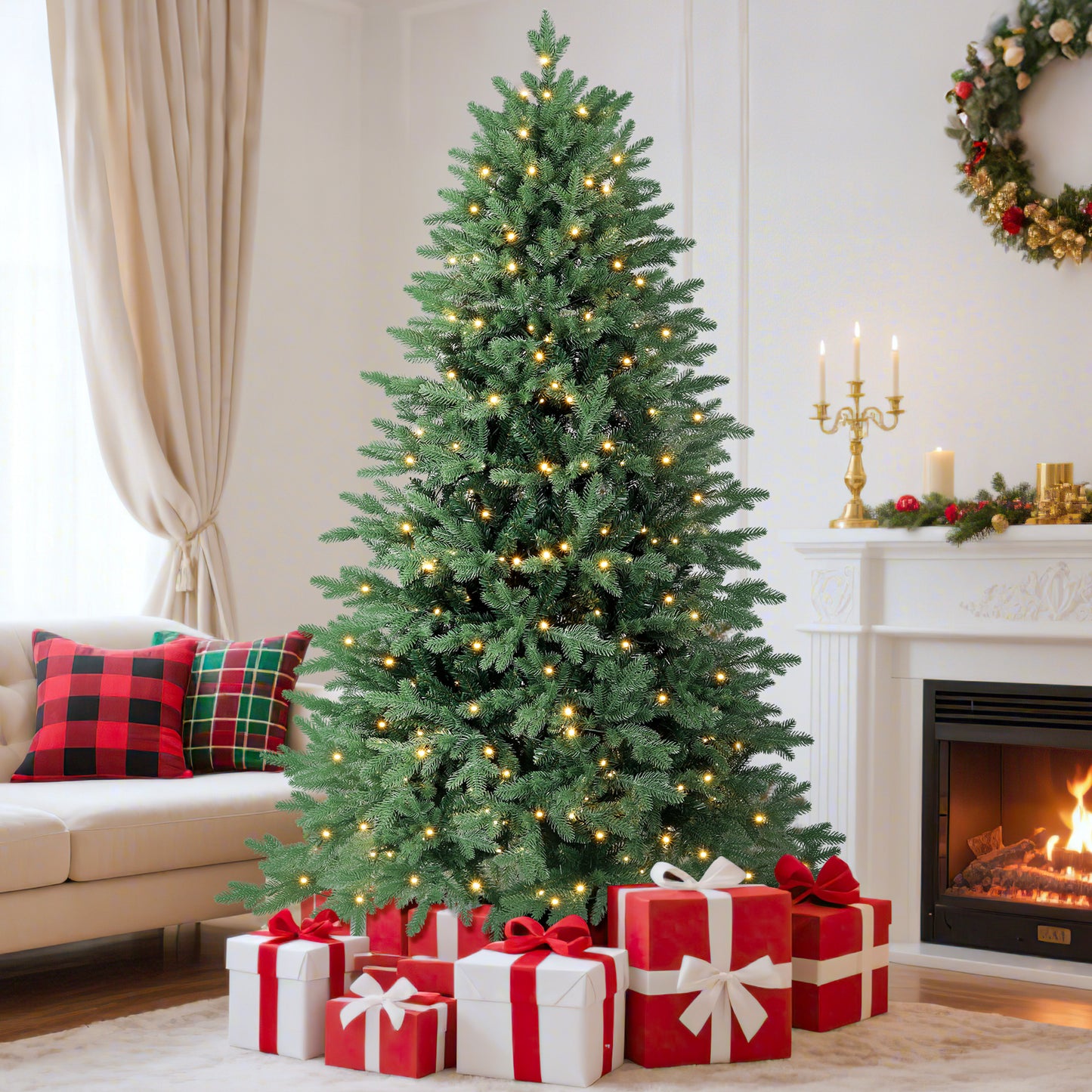 Laintene 6FT Pre-Lit Premium PE+PVC Christmas Tree | 400 Warm White LED Lights, 2085 Realistic Tips, Hinged Design with Storage Bag & Metal Stand