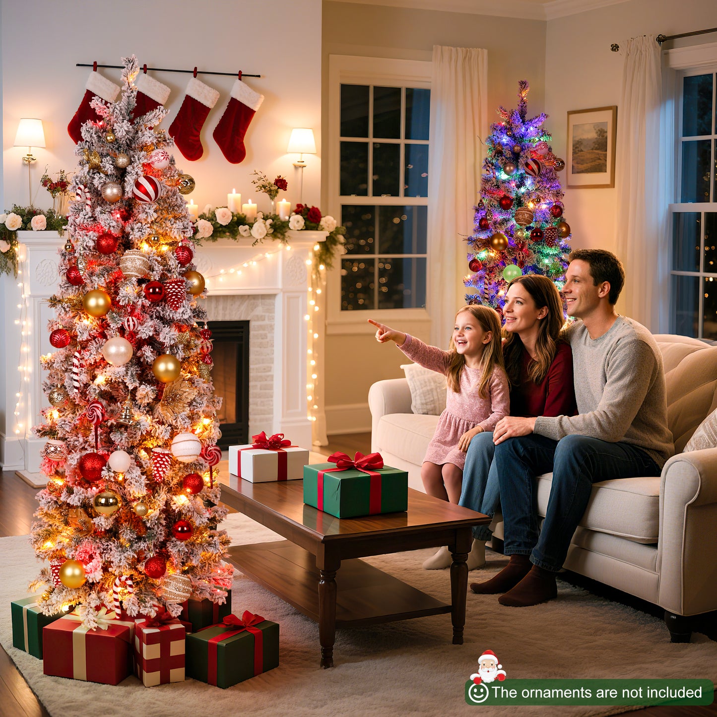 Laintene 6FT Pre-Lit Flocked Pencil Christmas Tree with 600 Tips & 200 Colored Lights, Slim Artificial Xmas Tree for Small Spaces, Metal Stand, White