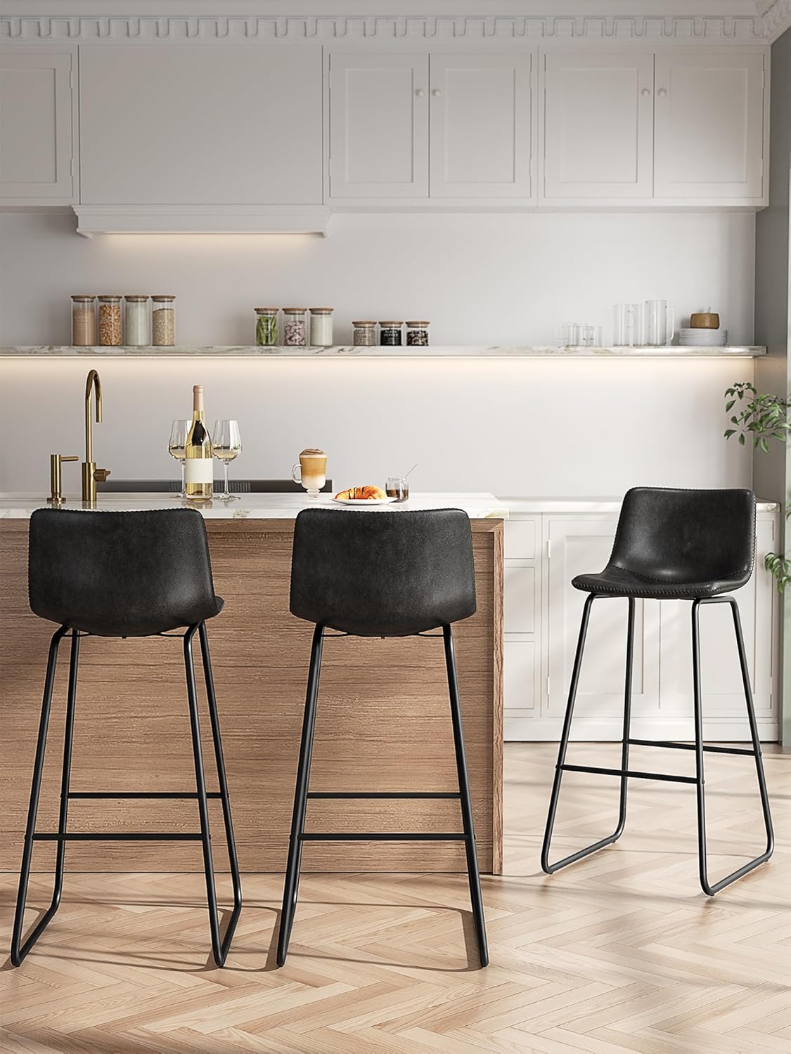 LainTene 30" Bar Stools Set of 3 – Faux Leather Counter Height Stools with Backrest & Footrest, Heavy-Duty Metal Frame for Kitchen, Bar, Living Room, Black