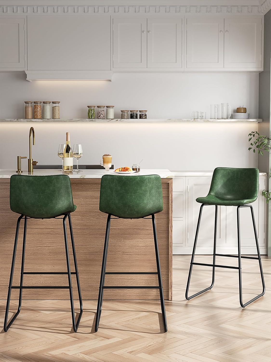 LainTene 30" Bar Stools Set of 2 – Faux Leather Counter Height Stools with Backrest & Footrest, Heavy-Duty Metal Frame for Kitchen, Bar, Living Room, Green