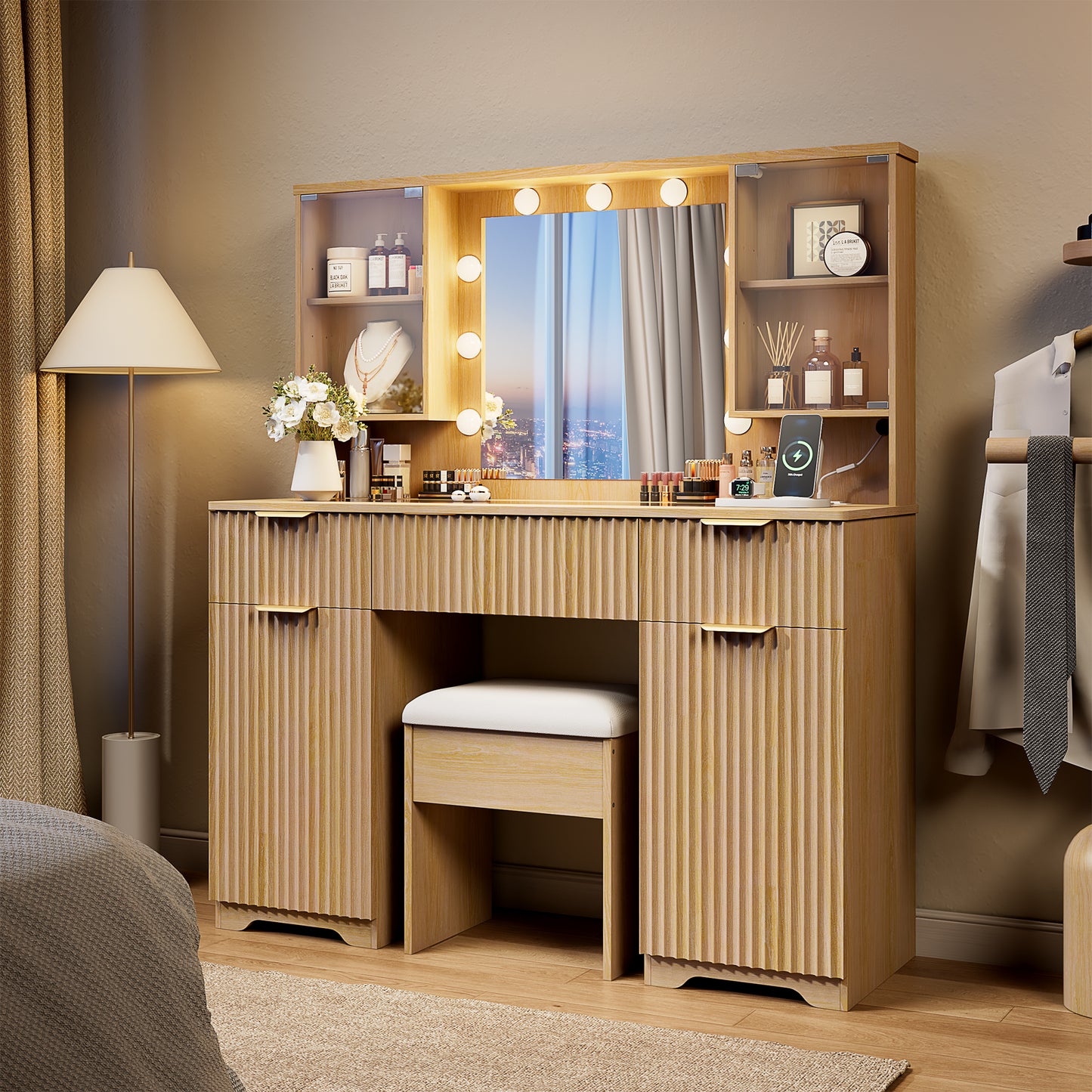 LainTene Vanity Set with Stool, Makeup Vanity Table with Lights and Mirror, Vanity Desk with 3 Drawers & 2 Large Storage Cabinets and Charging Station for Bedroom