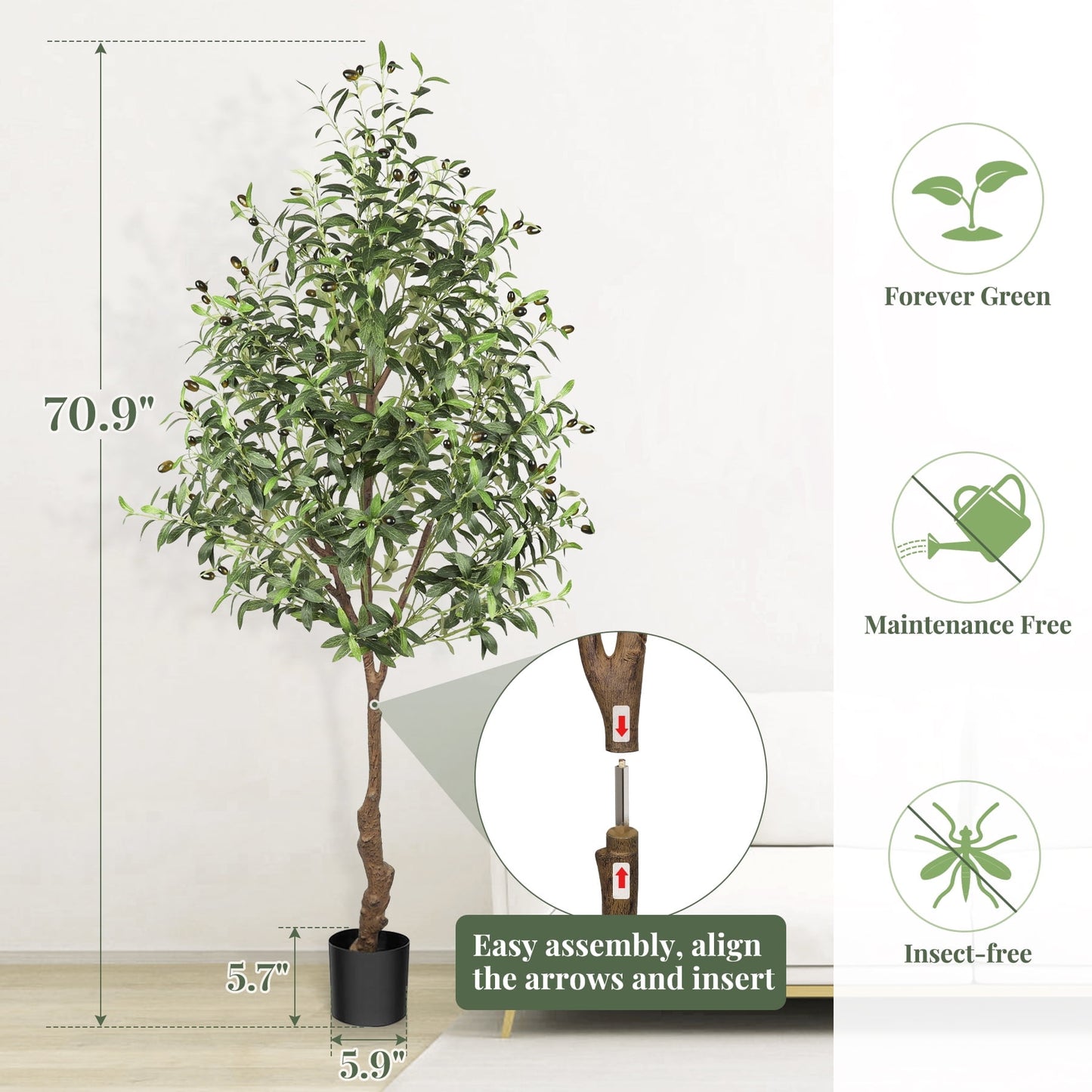 Laintene 6ft Artificial Olive Tree – Realistic Faux Olive Tree with 1440 Leaves & Black Pot, Indoor Greenery for Living Room, Office, or Home Decor, Easy Assembly
