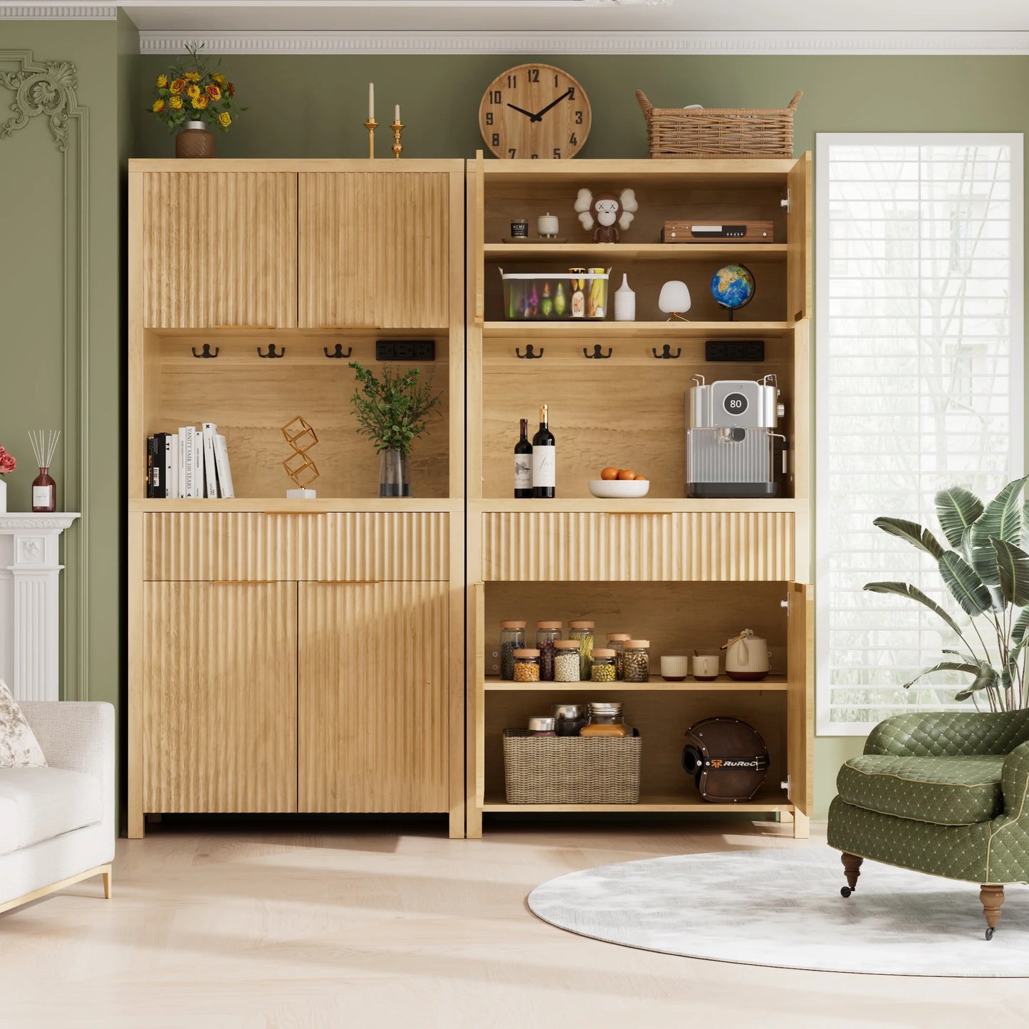 Laintene Pantry Cabinet with Charging Station & Drawer, Fluted Storage Cabinet with Adjustable Shelves and Open Countertop for Dining Living Room, Natural Oak