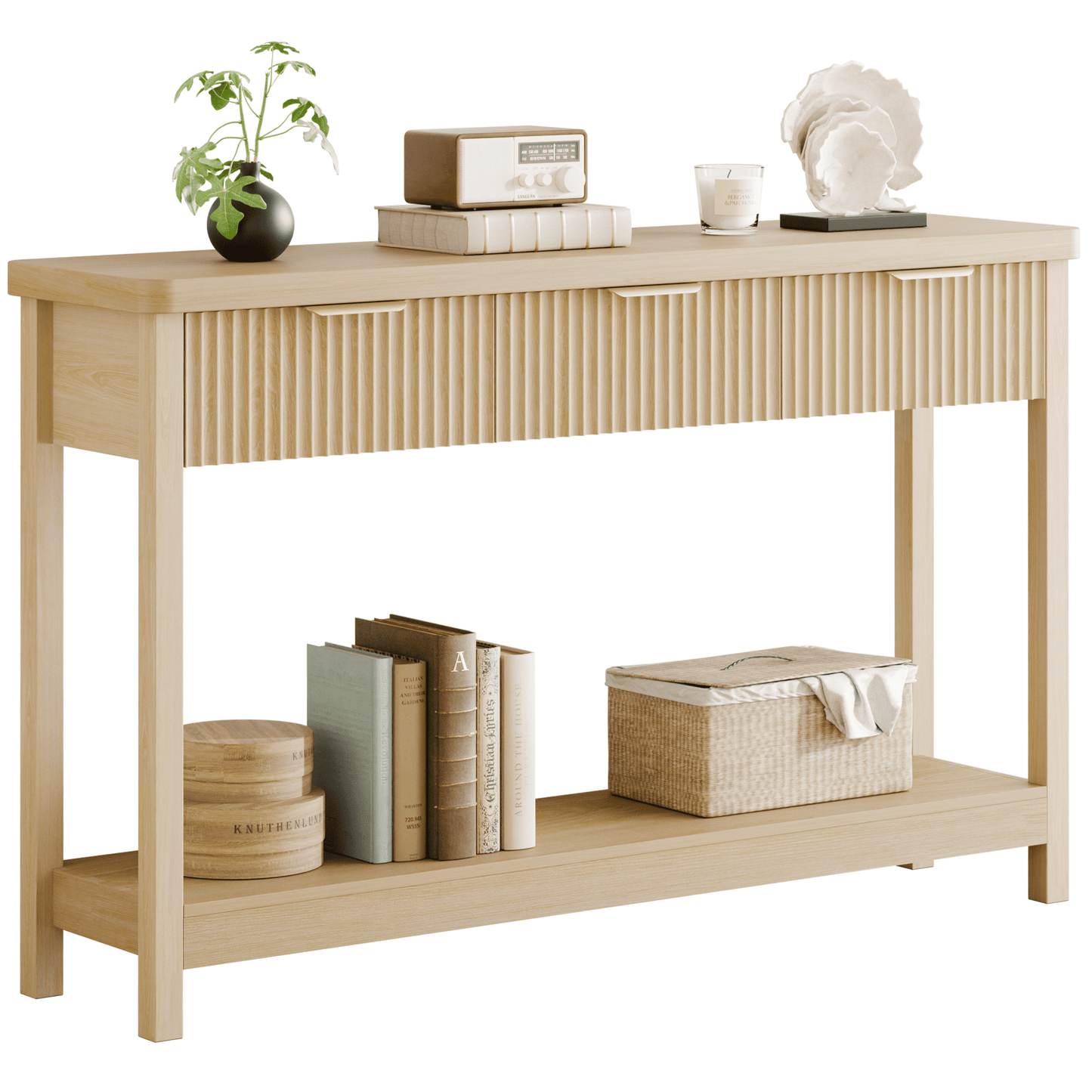 Laintene Fluted Console Table, 51" Narrow Entryway Table with 3 Drawers, Console Table Sofa Table with Storage Open Shelf, Modern Display Shelf for Hallway Living Room, Natural Oak