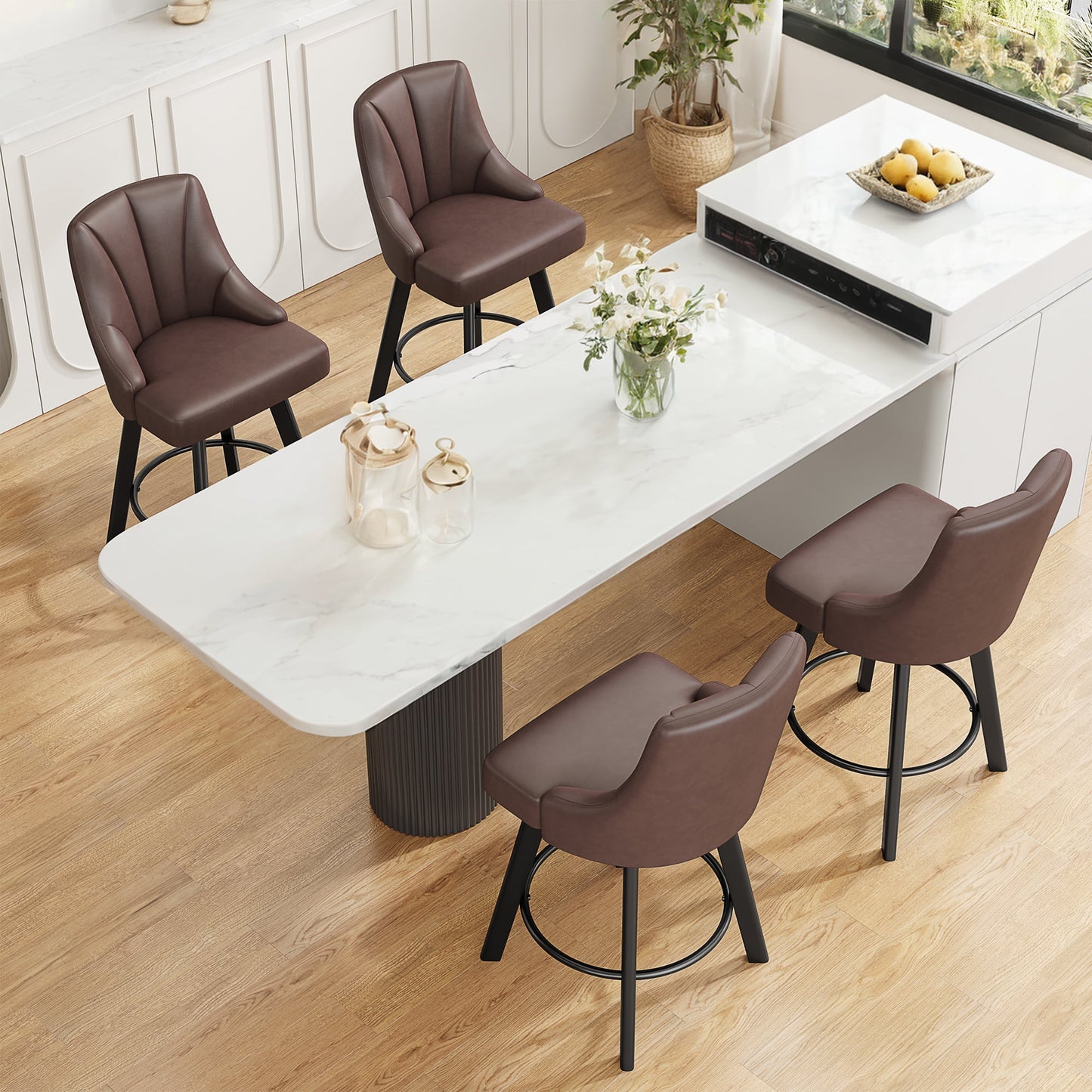 LainTene 24" Counter Height Swivel Bar Stools Set of 4, PU Leather Upholstered Counter Barstools with Solid Wood Legs and Backs for Kitchen Island, Home Bar