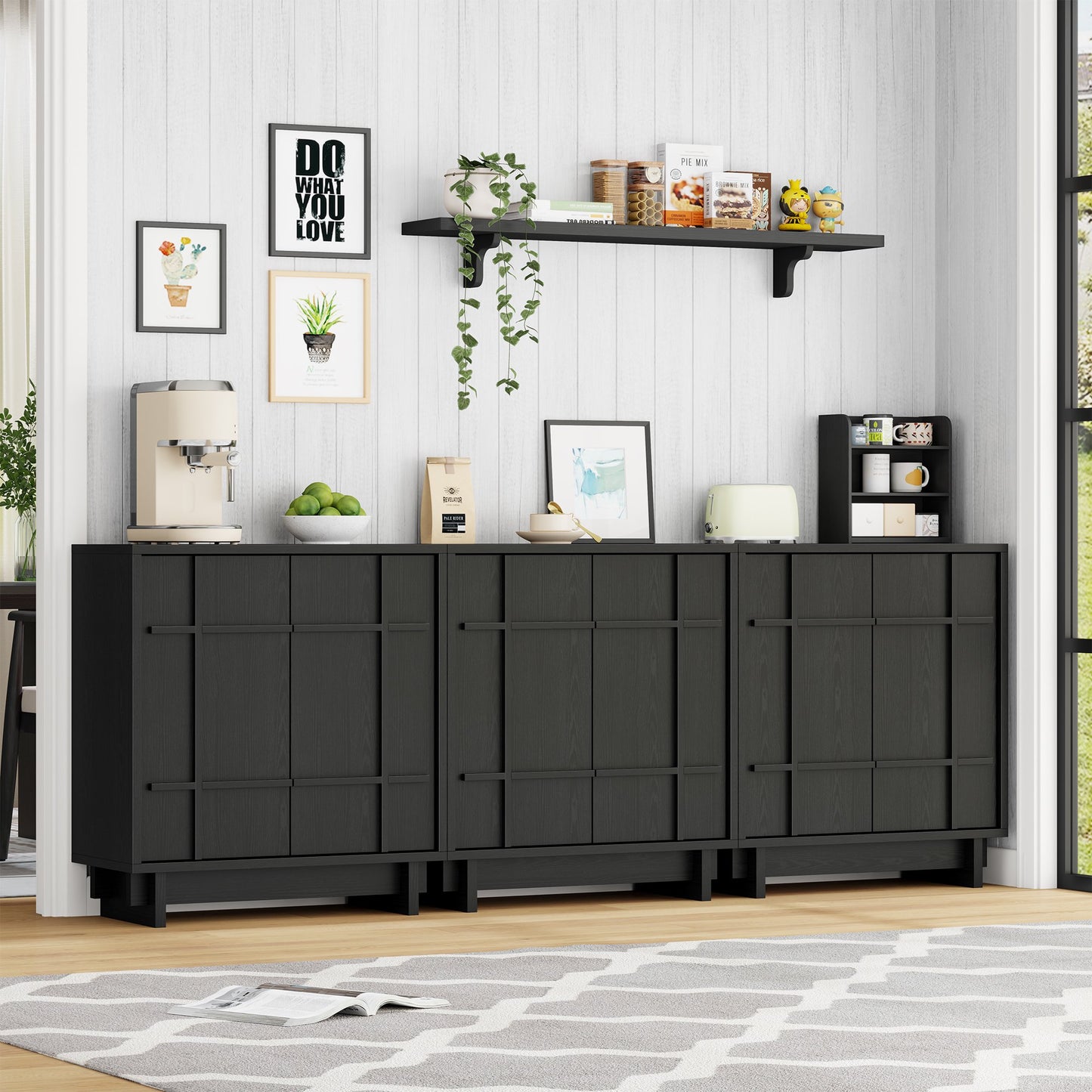 Laintene Buffet Cabinet with Skeletal Lines Doors, Sideboard Storage Cabinet with Adjustable Shelves for Kitchen, Wood Accent Cabinet TV Stands for Living Room, Black Set of 3