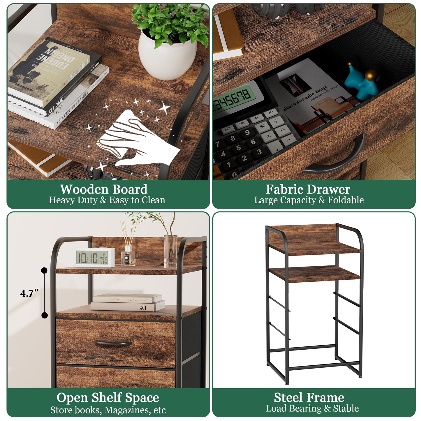 Laintene Night Stand, 3 Fabric Drawer Vertical Dresser, Bedside Table for Bedroom, Side End Tables Living Room Set of 2, Brown