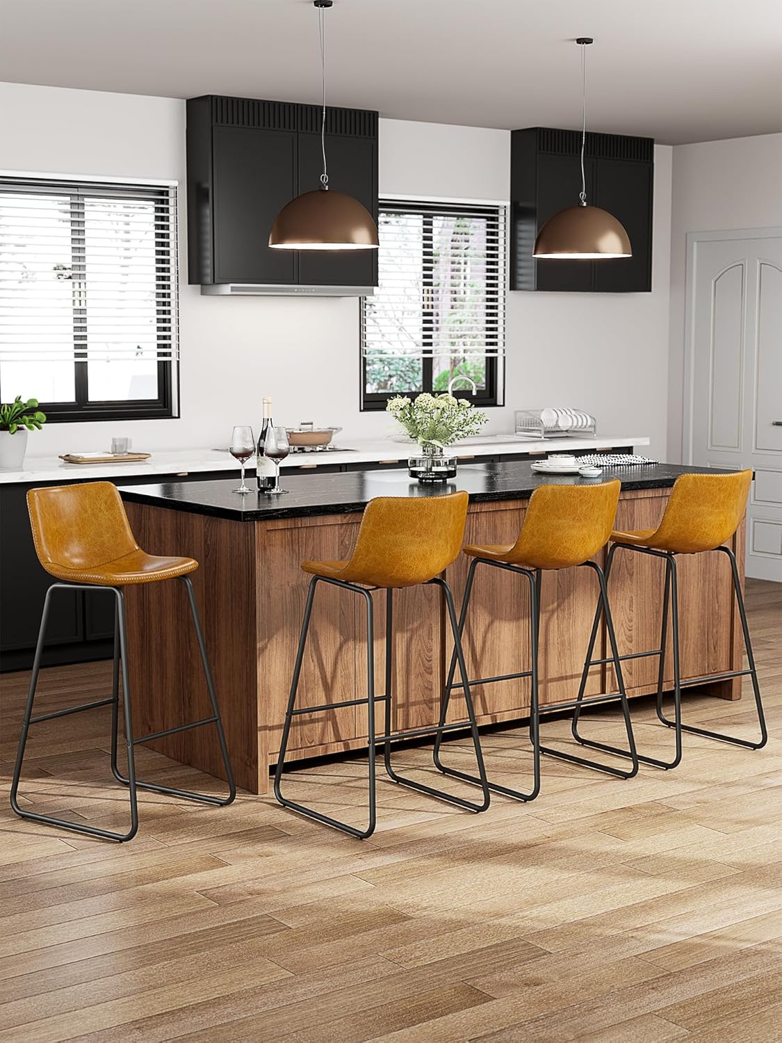 LainTene 30" Bar Stools Set of 3 – Faux Leather Counter Height Stools with Backrest & Footrest, Heavy-Duty Metal Frame for Kitchen, Bar, Living Room, Brown